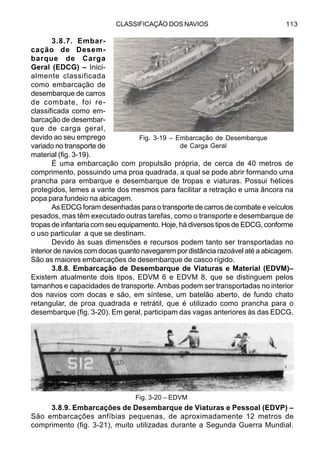 CLASSIFICAÇÃO DOS NAVIOS 113
3.8.7. Embar-
cação de Desem-
barque de Carga
Geral (EDCG) – Inici-
almente classificada
como embarcação de
desembarque de carros
de combate, foi re-
classificada como em-
barcação de desembar-
que de carga geral,
devido ao seu emprego
variado no transporte de
material (fig. 3-19).
É uma embarcação com propulsão própria, de cerca de 40 metros de
comprimento, possuindo uma proa quadrada, a qual se pode abrir formando uma
prancha para embarque e desembarque de tropas e viaturas. Possui hélices
protegidos, lemes a vante dos mesmos para facilitar a retração e uma âncora na
popa para fundeio na abicagem.
As EDCG foram desenhadas para o transporte de carros de combate e veículos
pesados, mas têm executado outras tarefas, como o transporte e desembarque de
tropas de infantaria com seu equipamento. Hoje, há diversos tipos de EDCG, conforme
o uso particular a que se destinam.
Devido às suas dimensões e recursos podem tanto ser transportadas no
interior de navios com docas quanto navegarem por distância razoável até a abicagem.
São as maiores embarcações de desembarque de casco rígido.
3.8.8. Embarcação de Desembarque de Viaturas e Material (EDVM)–
Existem atualmente dois tipos, EDVM 6 e EDVM 8, que se distinguem pelos
tamanhos e capacidades de transporte. Ambas podem ser transportadas no interior
dos navios com docas e são, em síntese, um batelão aberto, de fundo chato
retangular, de proa quadrada e retrátil, que é utilizado como prancha para o
desembarque (fig. 3-20). Em geral, participam das vagas anteriores às das EDCG.
3.8.9. Embarcações de Desembarque de Viaturas e Pessoal (EDVP) –
São embarcações anfíbias pequenas, de aproximadamente 12 metros de
comprimento (fig. 3-21), muito utilizadas durante a Segunda Guerra Mundial.
Fig. 3-19 – Embarcação de Desembarque
de Carga Geral
Fig. 3-20 – EDVM
 
