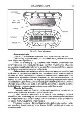 EMBARCAÇÕES MIÚDAS 155
·Partes principais:
(1) flutuador (fig. 4-7) – Geralmente de forma elíptica e forrado de lona;
(2) estrado (fig. 4-7) – De madeira, ocupando todo o espaço interno do flutuador;
serve de piso para o pessoal; e
(3) linha salva-vidas (fig. 4-7) – Cabo fino preso em todo o contorno da balsa,
a intervalos iguais, com seios suficientes que o permitam flutuar, ficando a flutuação
assegurada por caçoilos de madeira leve que se enfiam nele; a essa linha se agarram
os náufragos ao se aproximarem da embarcação.
·Palamenta – A palamenta de uma balsa é amarrada por um cabo que tem cada
um de seus chicotes preso a um lado da balsa, de modo a poder ser usada em qualquer
dos lados. As peças da palamenta que possam deteriorar-se são conservadas numa
caixa estanque. A palamenta consta de: dois remos; uma boça de cabo de fibra, de 7 cm
de bitola e 30 m de comprimento; um recipiente apropriado para espalhar óleo no mar
(cincolitrosdeóleo,pelomenos);umaquartola;equipamentodefoguetes,sinaisluminosos
e fumaça; pequena farmácia; ração de emergência, constando de bolacha, alimentos
desidratados etc.; e pequeno equipamento de pesca, incluindo uma faca.
·Material do flutuador:
(1) balsa de madeira – O flutuador é de madeira extraleve, forrado de lona;
emprega-se usualmente a pita ou outra madeira de balsa;
(2) balsa de metal – O flutuador é um tubo de cobre, de seção circular e
revestido de lona. Para assegurar a flutuabilidade, o tubo de cobre pode ser dividido
em compartimentos ou é cheio de cortiça ou madeira extraleve. Esse tipo não deve
ser jogado de altura superior a cinco metros; e
(3) balsa de borracha – Constituída por um tubo de borracha mantido vazio e
que, quando se desejar, pode ser cheio de ar ou de CO2 mantido sob pressão em
pequena ampola.
Fig. 4-7 – Balsa salva-vidas
 