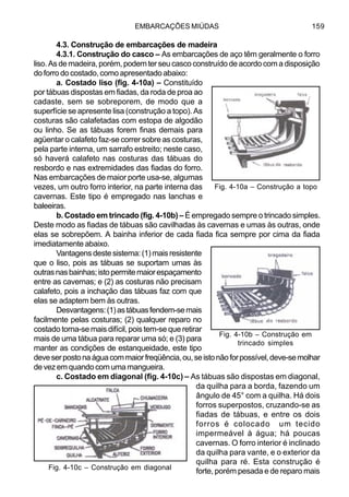 EMBARCAÇÕES MIÚDAS 159
4.3. Construção de embarcações de madeira
4.3.1. Construção do casco – As embarcações de aço têm geralmente o forro
liso.Asdemadeira,porém,podemterseucascoconstruídodeacordocom adisposição
do forro do costado, como apresentado abaixo:
a. Costado liso (fig. 4-10a) – Constituído
por tábuas dispostas em fiadas, da roda de proa ao
cadaste, sem se sobreporem, de modo que a
superfície se apresente lisa (construção a topo). As
costuras são calafetadas com estopa de algodão
ou linho. Se as tábuas forem finas demais para
agüentar o calafeto faz-se correr sobre as costuras,
pela parte interna, um sarrafo estreito; neste caso,
só haverá calafeto nas costuras das tábuas do
resbordo e nas extremidades das fiadas do forro.
Nas embarcações de maior porte usa-se, algumas
vezes, um outro forro interior, na parte interna das
cavernas. Este tipo é empregado nas lanchas e
baleeiras.
b. Costado em trincado (fig. 4-10b) – É empregado sempre o trincado simples.
Deste modo as fiadas de tábuas são cavilhadas às cavernas e umas às outras, onde
elas se sobrepõem. A bainha inferior de cada fiada fica sempre por cima da fiada
imediatamente abaixo.
Vantagensdestesistema:(1)maisresistente
que o liso, pois as tábuas se suportam umas às
outrasnasbainhas;istopermitemaiorespaçamento
entre as cavernas; e (2) as costuras não precisam
calafeto, pois a inchação das tábuas faz com que
elas se adaptem bem às outras.
Desvantagens:(1)astábuasfendem-semais
facilmente pelas costuras; (2) qualquer reparo no
costado torna-se mais difícil, pois tem-se que retirar
mais de uma tábua para reparar uma só; e (3) para
manter as condições de estanqueidade, este tipo
deveserpostonaáguacommaiorfreqüência,ou,seistonãoforpossível,deve-semolhar
devezem quandocomumamangueira.
c. Costado em diagonal (fig. 4-10c) – As tábuas são dispostas em diagonal,
da quilha para a borda, fazendo um
ângulo de 45° com a quilha. Há dois
forros superpostos, cruzando-se as
fiadas de tábuas, e entre os dois
forros é colocado um tecido
impermeável à água; há poucas
cavernas. O forro interior é inclinado
da quilha para vante, e o exterior da
quilha para ré. Esta construção é
forte, porém pesada e de reparo maisFig. 4-10c – Construção em diagonal
Fig. 4-10a – Construção a topo
Fig. 4-10b – Construção em
trincado simples
 
