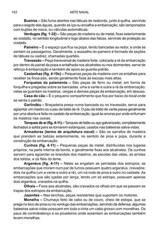 ARTE NAVAL162
Bueiros – São furos abertos nas tábuas do resbordo, junto à quilha, servindo
para o esgoto das águas, quando se iça ou encalha a embarcação; são tamponados
com bujões de rosca, ou válvulas automáticas.
Verdugos (fig. 1-32) – São peças de madeira ou de metal, fixas exteriormente
ao costado, no sentido longitudinal e logo abaixo das falcas, servindo de proteção ao
costado.
Paineiro – É o espaço que fica na popa, tendo bancadas ao redor, e onde se
sentam os passageiros. Geralmente, o assoalho do paineiro é formado de seções
de tábuas ou xadrez, chamadas quartéis.
Travessão – Peça transversal de madeira forte, colocada a ré da embarcação
por dentro do painel da popa e entalhada nos alcatrates ou nos dormentes; serve de
reforço à embarcação e também de apoio ao guarda-patrão.
Castanhas (fig. 4-10c) – Pequenas peças de madeira com os entalhes para
receber os finca-pés, sendo geralmente fixas às escoas mais altas.
Forquetas da palamenta – São peças de ferro ou metal, em forma de
forquilha e pregadas sobre as bancadas, uma a vante e outra a ré da embarcação;
nelas se guardam os mastros, vergas e demais peças da embarcação; em desuso.
Casa do cão – É o pequeno compartimento que fica por baixo do local onde
se senta o patrão.
Garlindéu – Braçadeira presa numa bancada ou no travessão; serve para
agüentar um mastro ou o pau de toldo de ré. O pau de toldo de vante passa geralmente
por uma abertura feita no castelo da embarcação, igual às enoras por onde enfurnam
os mastros nas coxias.
Tanquesdear(fig.4-11) –Tanquesdelatãoouaçogalvanizado,completamente
fechados a solda para se tornarem estanques; usados nas baleeiras salva-vidas.
Armadoras (termo de arquitetura naval) – São os sarrafos de madeira
que prendem as balizas exteriormente, no sentido de proa e popa, durante a
construção da embarcação.
Cunhos (fig. 4-11) – Pequenas peças de metal, distribuídas nos lugares
próprios, na parte interna da borda, e geralmente fixas aos alcatrates. Os cunhos
servem para agüentar os brandais dos mastros, as escotas das velas, as arridas
dos toldos, e os fiéis do leme.
Arganéus (fig. 4-11) – Neles se engatam as pernadas dos estropos; as
embarcações que moram num par de turcos possuem quatro arganéus, cravados:
dois na quilha (um a vante e outro a ré), um na roda de proa e outro no cadaste. As
embarcações que são içadas por lança, tendo um só estropo, possuem apenas
dois arganéus, cravados na quilha.
Olhais – Fixos aos alcatrates, são cravados os olhais em que se passam as
trapas dos estropos da embarcação.
Jazentes – Nas lanchas, peças resistentes que suportam os motores.
Monelha – Chumaço feito de cabo ou de couro, cheio de estopa, que se
prega no bico de proa ou no verdugo das embarcações, servindo de defensa; algumas
baleeiras salva-vidas possuem em toda a cinta um cabo grosso com monelhas. Os
paus de contrabalanço e os picadeiros onde assentam as embarcações também
levam monelhas.
 