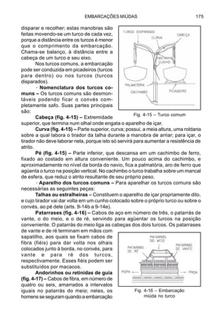 EMBARCAÇÕES MIÚDAS 175
disparar e recolher; estas manobras são
feitas movendo-se um turco de cada vez,
porque a distância entre os turcos é menor
que o comprimento da embarcação.
Chama-se balanço, à distância entre a
cabeça de um turco e seu eixo.
Nos turcos comuns, a embarcação
pode ser conduzida em picadeiros (turcos
para dentro) ou nos turcos (turcos
disparados).
· Nomenclatura dos turcos co-
muns – Os turcos comuns são desmon-
táveis podendo ficar o convés com-
pletamente safo. Suas partes principais
são:
Cabeça (fig. 4-15) – Extremidade
superior, que termina num olhal onde engata o aparelho de içar.
Curva (fig. 4-15) – Parte superior, curva; possui, a meia altura, uma roldana
sobre a qual labora o tirador da talha durante a manobra de arriar; para içar, o
tirador não deve laborar nela, porque isto só servirá para aumentar a resistência de
atrito.
Pé (fig. 4-15) – Parte inferior, que descansa em um cachimbo de ferro,
fixado ao costado em altura conveniente. Um pouco acima do cachimbo, e
aproximadamente no nível da borda do navio, fica a palmatória, aro de ferro que
agüenta o turco na posição vertical. No cachimbo o turco trabalha sobre um mancal
de esfera, que reduz o atrito resultante de seu próprio peso.
·Aparelho dos turcos comuns – Para aparelhar os turcos comuns são
necessárias as seguintes peças:
Talhas ou estralheiras – Constituem o aparelho de içar propriamente dito,
e cujo tirador vai dar volta em um cunho colocado sobre o próprio turco ou sobre o
convés, ao pé dele (arts. 9-14b a 9-14e).
Patarrases (fig. 4-16) – Cabos de aço em número de três, o patarrás de
vante, o do meio, e o de ré, servindo para agüentar os turcos na posição
conveniente. O patarrás do meio liga as cabeças dos dois turcos. Os patarrases
de vante e de ré terminam em mãos com
sapatilho, aos quais se fixam cabos de
fibra (fiéis) para dar volta nos olhais
colocados junto à borda, no convés, para
vante e para ré dos turcos,
respectivamente. Esses fiéis podem ser
substituídos por macacos.
Andorinhos ou retinidas de guia
(fig. 4-17) – Cabos de fibra, em número de
quatro ou seis, amarrados a intervalos
iguais no patarrás do meio; neles, os
homens se seguram quando a embarcação
Fig. 4-15 – Turco comum
Fig. 4-16 – Embarcação
miúda no turco
 
