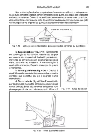 EMBARCAÇÕES MIÚDAS 177
Nas embarcações içadas por guindaste, lança ou um só turco, o estropo é um
só,asduaspernadasengatamsempreemarganéusdaquilha,eastrapassãoengatadas
na borda, a meia-nau. Como há necessidade desses estropos serem mais compridos,
eles podem ter as pernadas de cabo de aço terminando numa corrente curta, cujo gato
vai então passar no arganéu da quilha; as trapas devem ser de cabo de aço.
b. Turco de rebater (fig. 4-19) – Semelhante
em construção ao tipo comum, mas em vez de girar
em torno de seu eixo vertical, é rebatido para dentro,
movendo-se em torno de um eixo horizontal no pé
dele, paralelo ao costado. A embarcação é
conduzida nos turcos. É usado em navios de guerra
e mercantes.
c. Turco quadrantal (fig. 4-20) – O turco é
recolhido ou disparado inclinando-se sobre um setor
dentado que constitui seu pé e engraza numa
cremalheira.
d. Turco rolante (fig. 4-21) – É constituído
por dois braços montados com rodetes sobre duas
calhas (trilhos). Estas são paralelas e dispostas num
plano perpendicular ao costado no navio. O turco é Fig. 4-19 – Turco de rebater
Fig. 4-20 – Turco quadrantal Wellin
Fig. 4-18 – Estropo para embarcações pesadas (içadas por lança ou guindaste)
PERNADAS DE CABO DE AÇO
TRAPAS
PERNADAS DE
CORRENTE
 