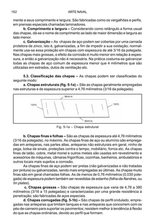 ARTE NAVAL182
mente a seus comprimento e largura. São fabricadas como os vergalhões e perfis,
em prensas especiais chamadas laminadores.
b. Comprimento e largura – Considerando como retângulo a forma usual
das chapas, dá-se o nome de comprimento ao lado de maior dimensão e largura ao
lado menor.
c. Galvanização – As chapas de aço podem ser cobertas por uma camada
protetora de zinco, isto é, galvanizadas, a fim de impedir a sua oxidação; normal-
mente usa-se essa proteção em chapas com espessura de até 3/16 da polegada.
Nas chapas mais grossas, o efeito da corrosão é muito menor em relação à espes-
sura, e então a galvanização não é necessária. Na prática costuma-se galvanizar
todas as chapas de aço comum de espessura menor que 4 milímetros que são
utilizadas em estrados, dutos de ventilação etc.
5.3. Classificação das chapas – As chapas podem ser classificadas do
seguinte modo:
a. Chapas estruturais (fig. 5-1a) – São as chapas geralmente empregadas
nas estruturas e de espessura superior a 4,76 milímetros (3/16 da polegada).
b. Chapas finas e folhas – São as chapas de espessura até 4,76 milímetros
(3/16 da polegada), no máximo. As chapas finas de aço ou alumínio são emprega-
das em anteparas, nas partes altas, anteparas não estruturais em geral, ninho de
pega, bolsa de sinais, proteções contra o tempo, mobiliário, forros etc. As chapas
finas de latão, cobre, metal monel e outros metais são usadas em revestimento e
acessórios de máquinas, câmaras frigoríficas, cozinhas, banheiros, ambulatórios e
outros locais mais sujeitos a corrosão.
As chapas finas de aço podem ser pretas (não galvanizadas e não tratadas
por pintura) ou galvanizadas, sendo mais empregadas as últimas. As chapas muito
finas são em geral chamadas folhas. As de menos de 0,76 milímetros (0,030 pole-
gada) de espessura podem também ser revestidas de estanho (folha-de-flandres, ou
tin plates).
c. Chapas grossas – São chapas de espessura que varia de 4,76 a 380
milímetros (3/16 a 15 polegadas) e caracterizadas por uma grande resistência à
penetração; são fabricadas de aços especiais.
d. Chapas corrugadas (fig. 5-1b) – São chapas de perfil ondulado, empre-
gadas nas anteparas que limitam tanques e nas anteparas que concorrem com os
pés-de-carneiro para suportar os pavimentos; resistem melhor à tendência à flexão
do que as chapas ordinárias, devido ao perfil que formam.
Fig. 5-1a – Chapa estrutural
 