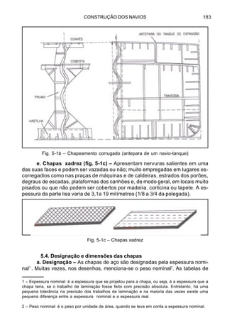 CONSTRUÇÃO DOS NAVIOS 183
e. Chapas xadrez (fig. 5-1c) – Apresentam nervuras salientes em uma
das suas faces e podem ser vazadas ou não; muito empregadas em lugares es-
corregadios como nas praças de máquinas e de caldeiras, estrados dos porões,
degraus de escadas, plataformas dos canhões e, de modo geral, em locais muito
pisados ou que não podem ser cobertos por madeira, corticina ou tapete. A es-
pessura da parte lisa varia de 3,1a 19 milímetros (1/8 a 3/4 da polegada).
5.4. Designação e dimensões das chapas
a. Designação – As chapas de aço são designadas pela espessura nomi-
nal1
. Muitas vezes, nos desenhos, menciona-se o peso nominal2
. As tabelas de
1 – Espessura nominal: é a espessura que se projetou para a chapa, ou seja, é a espessura que a
chapa teria, se o trabalho de laminação fosse feito com precisão absoluta. Entretanto, há uma
pequena tolerância na precisão dos trabalhos de laminação e na maioria das vezes existe uma
pequena diferença entre a espessura nominal e a espessura real.
2 – Peso nominal: é o peso por unidade de área, quando se leva em conta a espessura nominal.
Fig. 5-1c – Chapas xadrez
Fig. 5-1b – Chapeamento corrugado (antepara de um navio-tanque)
 