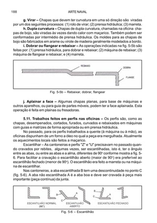 ARTE NAVAL188
g. Virar – Chapas que devem ter curvatura em uma só direção são viradas
por um dos seguintes processos: (1) rolo de virar; (2) prensa hidráulica; (3) marreta.
h. Dupla curvatura – Chapas de dupla curvatura, chamadas na oficina cha-
pas de bojo, são viradas às vezes dando calor com maçarico. Também podem ser
conformadas por intermédio de prensa hidráulica. Os moldes para as chapas de
bojo são fabricados em arame ou virote de madeira geralmente modelados a bordo.
i. Dobrar ou flangear e rebaixar – As operações indicadas na fig. 5-5b são
feitas por: (1) prensa hidráulica, para dobrar e rebaixar; (2) máquina de rebaixar; (3)
máquina de flangear e rebaixar; e (4) marreta.
j. Aplainar a face – Algumas chapas planas, para base de máquinas e
outros aparelhos, ou para guia de partes móveis, podem ter a face aplainada. Esta
operação é feita em plainas ou fresadoras.
5.11. Trabalhos feitos em perfis nas oficinas – Os perfis são, como as
chapas, desempenados, cortados, furados, curvados e rebaixados em máquinas
com guias e matrizes de forma apropriada ou em prensa hidráulica.
No passado, para os perfis trabalhados a quente (à máquina ou à mão), as
oficinas dispunham de um forno a óleo no qual a peça era mergulhada. Atualmente
os aquecimentos locais são feitos a maçarico.
Escantilhar – As cantoneiras e perfis "Z" e "U" precisavam no passado quan-
do cravados por rebites, algumas vezes, ser escantilhadas, isto é, ter o ângulo
entre as abas, ou entre as abas e a alma, diferentes de 90o
conforme mostra a fig. 5-
6. Para facilitar a cravação o escantilhão aberto (maior de 90o
) era preferível ao
escantilhão fechado (menor de 90o
). O escantilhão era feito a marreta ou na máqui-
na de escantilhar.
Nas cantoneiras, a aba escantilhada B tem uma descontinuidade no ponto C
(fig. 5-6). A aba não escantilhada A é a aba boa e deve ser cravada à peça mais
importante (peça contínua) da junta.
Fig. 5-5b – Rebaixar, dobrar, flangear
Fig. 5-6 – Escantilhão
(90°)
 