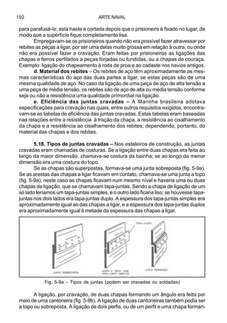 ARTE NAVAL192
para parafusá-lo; esta haste é cortada depois que o prisioneiro é fixado no lugar, de
modo que a superfície fique completamente lisa.
Empregavam-se os prisioneiros quando não era possível fazer atravessar por
rebites as peças a ligar, por ser uma delas muito grossa em relação à outra, ou onde
não era possível fazer a cravação. Eram feitas por prisioneiros as ligações das
chapas e ferros perfilados a peças forjadas ou fundidas, ou a chapas de couraça.
Exemplo: ligação do chapeamento à roda de proa e ao cadaste nos navios antigos.
d. Material dos rebites – Os rebites de aço têm aproximadamente as mes-
mas características do aço das duas partes a ligar, se estas peças são de uma
mesma qualidade de aço. No caso da ligação de uma peça de aço de alta tensão a
uma peça de média tensão, os rebites são de aço de alta ou média tensão conforme
seja ou não a resistência uma qualidade primordial na ligação.
e. Eficiência das juntas cravadas – A Marinha brasileira adotava
especificações para cravação nas quais, entre outros requisitos exigidos, encontra-
vam-se as tabelas de eficiência das juntas cravadas. Estas tabelas eram baseadas
nas relações entre a resistência à tração da chapa, a resistência ao cisalhamento
da chapa e a resistência ao cisalhamento dos rebites; dependendo, portanto, do
material das chapas e dos rebites.
5.18. Tipos de juntas cravadas – Nos estaleiros de construção, as juntas
cravadas eram chamadas de costuras. Se a ligação entre duas chapas era feita ao
longo da maior dimensão, chamava-se costura da bainha; se ao longo da menor
dimensão era uma costura do topo.
Se as chapas são superpostas, formava-se uma junta sobreposta (fig. 5-9a).
Se as arestas das chapas a ligar ficavam em contato, chamava-se uma junta a topo
(fig. 5-9a); neste caso as chapas ficavam num mesmo nível e haveria uma ou duas
chapas de ligação, que se chamavam tapa-juntas. Sendo a chapa de ligação de um
só lado teríamos um tapa-juntas simples, e o outro lado ficaria liso; se houvesse tapa-
juntas nos dois lados era tapa-juntas duplo. A espessura dos tapa-juntas simples era
aproximadamente igual ao das chapas a ligar, e a espessura dos tapa-juntas duplos
era aproximadamente igual à metade da espessura das chapas a ligar.
Fig. 5-9a – Tipos de juntas (podem ser cravadas ou soldadas)
-
A ligação, por cravação, de duas chapas formando um ângulo era feita por
meio de uma cantoneira (fig. 5-9b). A ligação de duas cantoneiras também podia ser
a topo ou sobreposta. A ligação de dois perfis, ou de um perfil e uma chapa forman-
 