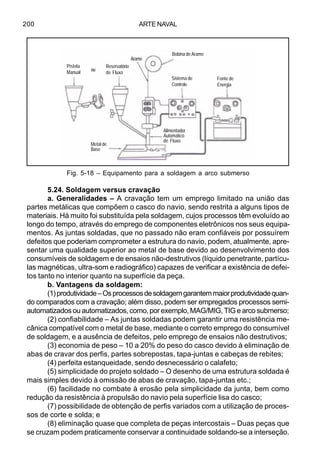 ARTE NAVAL200
5.24. Soldagem versus cravação
a. Generalidades – A cravação tem um emprego limitado na união das
partes metálicas que compõem o casco do navio, sendo restrita a alguns tipos de
materiais. Há muito foi substituída pela soldagem, cujos processos têm evoluído ao
longo do tempo, através do emprego de componentes eletrônicos nos seus equipa-
mentos. As juntas soldadas, que no passado não eram confiáveis por possuírem
defeitos que poderiam comprometer a estrutura do navio, podem, atualmente, apre-
sentar uma qualidade superior ao metal de base devido ao desenvolvimento dos
consumíveis de soldagem e de ensaios não-destrutivos (líquido penetrante, partícu-
las magnéticas, ultra-som e radiográfico) capazes de verificar a existência de defei-
tos tanto no interior quanto na superfície da peça.
b. Vantagens da soldagem:
(1)produtividade–Osprocessosdesoldagemgarantemmaiorprodutividadequan-
do comparados com a cravação; além disso, podem ser empregados processos semi-
automatizadosouautomatizados,como,porexemplo, MAG/MIG, TIG earcosubmerso;
(2) confiabilidade – As juntas soldadas podem garantir uma resistência me-
cânica compatível com o metal de base, mediante o correto emprego do consumível
de soldagem, e a ausência de defeitos, pelo emprego de ensaios não destrutivos;
(3) economia de peso – 10 a 20% do peso do casco devido à eliminação de
abas de cravar dos perfis, partes sobrepostas, tapa-juntas e cabeças de rebites;
(4) perfeita estanqueidade, sendo desnecessário o calafeto;
(5) simplicidade do projeto soldado – O desenho de uma estrutura soldada é
mais simples devido à omissão de abas de cravação, tapa-juntas etc.;
(6) facilidade no combate à erosão pela simplicidade da junta, bem como
redução da resistência à propulsão do navio pela superfície lisa do casco;
(7) possibilidade de obtenção de perfis variados com a utilização de proces-
sos de corte e solda; e
(8) eliminação quase que completa de peças intercostais – Duas peças que
se cruzam podem praticamente conservar a continuidade soldando-se a interseção.
Fig. 5-18 – Equipamento para a soldagem a arco submerso
Bobina de Arame
Arame
Pistola
Manual
Reservatório
de Fluxo
ou
Sistema de
Controle
Fonte de
Energia
Alimentador
Automático
de Fluxo
Metal de
Base
 