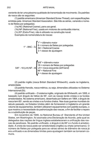 ARTE NAVAL202
veniente de ter uma péssima qualidade de transmissão de movimento. Os padrões
de rosca são os seguintes:
(1) padrão americano (American Standard Screw Thread), com especificações
emitidas pela American Standart Association. São três as séries, variando o núme-
ro de filetes por polegadas;
(1a) NC (National Coarse), para uso geral;
(1b) NF (National Fine), usado em motores de combustão interna;
(1c) EF (Extra Fine), não é utilizado na construção naval.
Exemplos de nomenclatura de roscas:
(2) padrão inglês (rosca British Standard Whitworth), usada na Inglaterra,
arredondada;
(3) padrão francês, rosca métrica, ou seja, dimensões utilizadas no Sistema
Internacional (SI);
(4) padrão unificado – O sistema inglês, originado de Whitworth, em 1855, é
baseado num ângulo de hélice de 55o
, com as roscas tendo cristas e os fundos
arredondados. No sistema americano, desenhado por Sellers em 1864, o ângulo de
rosca tem 60o
, sendo as cristas e os fundos chatos. Nas duas guerras mundiais do
século passado, os Estados Unidos além de fornecerem à Inglaterra um grande
volume de equipamentos, também utilizaram equipamentos com padrão europeu, o
que mostrou a necessidade da padronização das roscas, a fim de facilitar o reparo
ou a substituição de peças.
Em novembro de 1948, no National Bureau of Standards of the United
States, em Washington, foi assinada uma Declaração de Acordo, pela qual os
delegados das nações de língua inglesa estabeleceram a unificação das ros-
cas de parafusos. No padrão unificado, o ângulo é de 60o
e o fundo é arredon-
dado. A crista da rosca pode ser arredondada (inglês) ou chata (americano). O
número de filetes por polegada para as várias séries de diâmetro de rosca já
era unificado e as dimensões limites para ajustagem também se tornaram co-
muns.
1" - 8NC - 3
{
1" = diâmetro maior
8 = número de filetes por polegadas
NC = National Coarse
3 = classe de ajustagem
5/8" - 18 (LH) NF - 4
{
5/8" = diâmetro maior
18 = número de filetes por polegadas
LH = rosca esquerda (left hand)
NF = National Fine
4 = classe de ajustagem
 