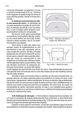 ARTE NAVAL216
cavernas reforçadas ou gigantes, em que
o contorno transversal é um só, contínuo
e sem ligação de espécie alguma entre as
suas diversas partes, desde o fundo até o
convés.
b. Esforços transversais por efei-
to dos pesos do navio – A colocação de
um peso excessivo no porão do navio intro-
duz um esforço que tende a unir os costa-
dos, e isto é evitado pelos próprios vaus,
que trabalham então em compressão.
Se houver muito peso concentrado
no convés ou numa coberta alta (fig. 5-24b),
ou se o navio estiver em seco (fig. 5-24c),
haverá o efeito contrário, isto é, os costa-
dos tendem a se afastar.
Para aliviar a ação dos pesos que
possam existir na superestrutura ou nos
pavimentos é que são colocados sob os
vaus os pés-de-carneiro. De fato, a função
destes pés-de-carneiro é transmitir ao fun-
do do casco e repartir sobre grande exten-
são por meio da sobrequilha e das
longarinas uma parte dos esforços direta-
mente aplicados sobre os pavimentos. Para
isto também concorrem as anteparas es-
tanques transversais, as quais são rapida-
mente ligadas aos pavimentos e ao fundo do casco. Esta distribuição de peso por
uma grande área no fundo do navio é uma das razões de ser das hastilhas coloca-
das em cada caverna.
Quando o navio se encontra sobre a carreira, pronto para o lançamento, ou
quando está em um dique colocado sobre os picadeiros, ou ainda em seco numa
maré baixa, desaparece o efeito equilibrador do empuxo devido à água deslocada.
Isto se faz sentir no navio porque a ação do peso se torna maior, estabelecendo um
esforço que tende a empurrar para fora os costados. Por isto é que, às vezes, há
necessidade de serem colocadas escoras no bojo e nos costados para ajudar a
estrutura a conservar a sua forma, evitando que o esforço de tração possa alongar
ou fraturar a estrutura do navio.
5.39. Esforços de vibração – O forro exterior, chapeamento do costado, de
um navio é composto de chapas relativamente finas e flexíveis, e seria facilmente
forçado para dentro devido à pressão da água (fig. 5-25) se não houvesse as caver-
nas e as longarinas (embarrigamento das chapas).
Quando o navio está em movimento, o forro tem que afastar a água na proa e
isto estabelece uma tendência para a pulsação das chapas. Esta tendência é agrava-
Fig. 5-24b – Esforços devidos à
carga mal distribuída
Fig. 5-24c – Navio em seco
 