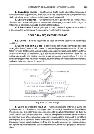 ESTRUTURA DO CASCO DOS NAVIOS METÁLICOS 223
b. Cruzadores ligeiros – Geralmente o duplo-fundo só existe a meia-nau, e
não vai acima do bojo do navio. No fundo, usa-se o sistema celular com predominân-
cia longitudinal, e no costado, o sistema misto-transversal.
c. Contratorpedeiros – Não têm duplo-fundo. São navios de formas finas,
chapeamento leve e anteparas a meia-nau muito espaçadas devido às praças de
máquinas e caldeiras. É usado o sistema longitudinal.
d. Submarinos – A função principal do casco é resistir à pressão hidrostática
e às explosões submarinas; é empregado o sistema transversal.
SEÇÃO B – PEÇAS ESTRUTURAIS
6.6. Quilha – São os seguintes os tipos de quilha usados na construção
metálica:
a. Quilha maciça (fig. 6-3a) – É constituída por uma peça maciça de seção
retangular (barra), com o lado maior da seção disposto verticalmente. Sobre as
faces verticais desta quilha são cravadas as duas primeiras chapas do forro exterior
do casco (chapas do resbordo), que são recurvadas para este fim. Este tipo de
quilha só é usado nos navios veleiros e nas pequenas embarcações. É o tipo de
quilha empregado nos navios de madeira, levando então um rebaixo chamado alefriz,
onde encostam as tábuas do resbordo.
b. Quilha-sobrequilha (fig. 6-3b) – Com a disposição anterior, a quilha fica
ligada ao resbordo do navio somente por meio de cravação nas chapas do resbordo.
Para aumentar a resistência do casco no sentido longitudinal colocam-se duas ou
quatro barras verticais justapostas e cravadas, compreendendo entre elas uma cha-
pa contínua mais alta, que atravessa as cavernas no plano diametral, e constitui a
sobrequilha. Esta estrutura forma realmente uma quilha-sobrequilha contínua e so-
lidária com toda a estrutura do navio. Este tipo é usado somente nos navios veleiros,
em alguns navios mercantes que não têm duplo-fundo e nas pequenas embarca-
ções.
Fig. 6-3a – Quilha maciça
 