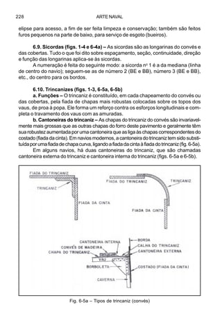 ARTE NAVAL228
elipse para acesso, a fim de ser feita limpeza e conservação; também são feitos
furos pequenos na parte de baixo, para serviço de esgoto (bueiros).
6.9. Sicordas (figs. 1-4 e 6-4a) – As sicordas são as longarinas do convés e
das cobertas. Tudo o que foi dito sobre espaçamento, seção, continuidade, direção
e função das longarinas aplica-se às sicordas.
A numeração é feita do seguinte modo: a sicorda no
1 é a da mediana (linha
de centro do navio); seguem-se as de número 2 (BE e BB), número 3 (BE e BB),
etc., do centro para os bordos.
6.10. Trincanizes (figs. 1-3, 6-5a, 6-5b)
a. Funções – O trincaniz é constituído, em cada chapeamento do convés ou
das cobertas, pela fiada de chapas mais robustas colocadas sobre os topos dos
vaus, de proa à popa. Ele forma um reforço contra os esforços longitudinais e com-
pleta o travamento dos vaus com as amuradas.
b. Cantoneiras do trincaniz – As chapas do trincaniz do convés são invariavel-
mente mais grossas que as outras chapas do forro deste pavimento e geralmente têm
sua robustez aumentada por uma cantoneira que as liga às chapas correspondentes do
costado (fiada da cinta). Em navios modernos, a cantoneira do trincaniz tem sido substi-
tuídaporumafiadadechapacurva,ligandoafiadadacintaàfiadadotrincaniz(fig.6-5a).
Em alguns navios, há duas cantoneiras do trincaniz, que são chamadas
cantoneira externa do trincaniz e cantoneira interna do trincaniz (figs. 6-5a e 6-5b).
Fig. 6-5a – Tipos de trincaniz (convés)
 
