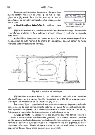 ARTE NAVAL232
Quando as dimensões da caverna não permitem
que as cantoneiras sejam de uma só peça, faz-se a liga-
ção a topo (fig. 6-6d). Se a hastilha não for de uma só
peça fazem-se também as ligações das chapas solda-
das a topo.
c. Hastilhas (figs. 1-3 e 6-7) – As hastilhas podem
ser:
(1) hastilhas de chapa, ou chapas-cavernas – Feitas de chapa, da altura do
duplo-fundo, soldadas no forro exterior e no forro inferior do duplo-fundo, quando
este existe.
As hastilhas não-estanques devem ter furos de acesso; estes são geralmen-
te em elipse de pelo menos 0,53 metro (21 polegadas) no eixo maior, ou furos
menores para conservação e limpeza.
(2) hastilhas abertas – Neste tipo as cantoneiras principais e as invertidas
são contínuas, mas a chapa da hastilha não existe, ou então é interrompida, cons-
tituída por borboletas fixadas às longarinas (fig. 6-15).
Para que a água possa circular livremente e ter escoamento para as redes de
esgoto dentro de cada compartimento estanque do duplo-fundo, as hastilhas não-
estanques têm sempre em cada lado da quilha vertical um furo chamado escalope,
feito na parte mais baixa, junto à cantoneira principal da caverna.
d. Espaçamento – O espaçamento das cavernas depende do tipo do navio e
do sistema de construção. No sistema longitudinal, como haverá cavernas omitidas
devido à preponderância das peças longitudinais, temos, no projeto, o espaçamento
nominal de cavernas, e, na construção, o espaçamento real dos gigantes, que são
cavernas reforçadas. Neste sistema, somente nas extremidades do navio o
espaçamento real de cavernas coincide com o nominal.
Fig. 6-6d – Ligação de
cantoneiras a topo
Fig. 6-7 – Hastilha não-estanque
 
