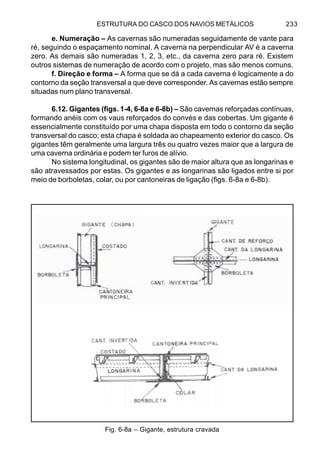 ESTRUTURA DO CASCO DOS NAVIOS METÁLICOS 233
e. Numeração – As cavernas são numeradas seguidamente de vante para
ré, seguindo o espaçamento nominal. A caverna na perpendicular AV é a caverna
zero. As demais são numeradas 1, 2, 3, etc., da caverna zero para ré. Existem
outros sistemas de numeração de acordo com o projeto, mas são menos comuns.
f. Direção e forma – A forma que se dá a cada caverna é logicamente a do
contorno da seção transversal a que deve corresponder. As cavernas estão sempre
situadas num plano transversal.
6.12. Gigantes (figs. 1-4, 6-8a e 6-8b) – São cavernas reforçadas contínuas,
formando anéis com os vaus reforçados do convés e das cobertas. Um gigante é
essencialmente constituído por uma chapa disposta em todo o contorno da seção
transversal do casco; esta chapa é soldada ao chapeamento exterior do casco. Os
gigantes têm geralmente uma largura três ou quatro vezes maior que a largura de
uma caverna ordinária e podem ter furos de alívio.
No sistema longitudinal, os gigantes são de maior altura que as longarinas e
são atravessados por estas. Os gigantes e as longarinas são ligados entre si por
meio de borboletas, colar, ou por cantoneiras de ligação (figs. 6-8a e 6-8b).
Fig. 6-8a – Gigante, estrutura cravada
 