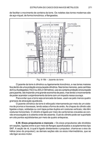 ESTRUTURA DO CASCO DOS NAVIOS METÁLICOS 271
de facilitar o movimento de conteira da torre. Os rodetes das torres modernas são
de aço-níquel, de forma troncônica, e flangeados.
O jazente da torre é cilíndrico ou ligeiramente troncônico, e nas torres maiores
fica dentro de uma proteção encouraçada cilíndrica. Nas torres menores, para canhões
de6ou8polegadas(152,4ou203,2milímetros),usa-seaprópriaproteçãoencouraçada
para jazente, isto trazendo uma grande economia de peso, mas tendo o inconveniente
de poder acarretar o enjambramento da torre com um impacto nessa couraça.
Para evitar que a torre seja arrancada da base, usam-se pelo menos quatro
grampos de atracação ajustáveis.
O jazente cilíndrico da torre é reforçado internamente por meio de um siste-
ma de prumos e travessas, tendo estas a forma de anéis. As chapas do cilindro são
ligadas a topo, soldadas ou com tapa-juntas duplos em costuras verticais; não têm
costuras horizontais. O cilindro é ligado por meio de cantoneiras cravadas ao con-
vés encouraçado e à coberta onde ele assenta. O pé do cilindro pode ser suportado
em oito pontos eqüidistantes por meio de quatro anteparas.
6.30. Eixos propulsores e mancais – Os eixos propulsores são divididos
em seções, ligadas entre si por meio de flanges aparafusados e acoplamentos tipo
SKF. A seção de ré, à qual é ligado diretamente o propulsor, chama-se o eixo do
hélice (eixo do propulsor); as demais seções são os eixos intermediários, que se
vão ligar ao eixo motor.
Fig. 6-19b – Jazente da torre
 