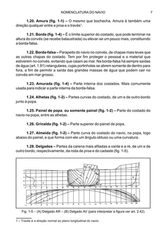 NOMENCLATURA DO NAVIO 7
1.20. Amura (fig. 1-1) – O mesmo que bochecha. Amura é também uma
direção qualquer entre a proa e o través1
.
1.21. Borda (fig. 1-4) – É o limite superior do costado, que pode terminar na
altura do convés (se recebe balaustrada) ou elevar-se um pouco mais, constituindo
a borda-falsa.
1.22. Borda-falsa – Parapeito do navio no convés, de chapas mais leves que
as outras chapas do costado. Tem por fim proteger o pessoal e o material que
estiverem no convés, evitando que caiam ao mar. Na borda-falsa há sempre saídas
de água (art. 1.91) retangulares, cujas portinholas se abrem somente de dentro para
fora, a fim de permitir a saída das grandes massas de água que podem cair no
convés em mar grosso.
1.23. Amurada (fig. 1-4) – Parte interna dos costados. Mais comumente
usada para indicar a parte interna da borda-falsa.
1.24. Alhetas (fig. 1-2) – Partes curvas do costado, de um e de outro bordo
junto à popa.
1.25. Painel de popa, ou somente painel (fig. 1-2) – Parte do costado do
navio na popa, entre as alhetas.
1.26. Grinalda (fig. 1-2) – Parte superior do painel de popa.
1.27. Almeida (fig. 1-2) – Parte curva do costado do navio, na popa, logo
abaixo do painel, e que forma com ele um ângulo obtuso ou uma curvatura.
1.28. Delgados – Partes da carena mais afiladas a vante e a ré, de um e de
outro bordo, respectivamente, da roda de proa e do cadaste (fig. 1-5).
1 – Través é a direção normal ao plano longitudinal do navio.
Fig. 1-5 – (A) Delgado AR – (B) Delgado AV (para interpretar a figura ver art. 2.42)
 