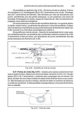 ESTRUTURA DO CASCO DOS NAVIOS METÁLICOS 295
(5) escotilhão ou agulheiro (fig. 6-34) – De forma circular ou elíptica. O tama-
nho do elipse é 12 x 18 polegadas (30,5 x 45,7 centímetros) e do círculo, 18 polega-
das (45,7 centímetros) de diâmetro. São fechados por meio de atracadores com
punho, semelhantes aos das portas estanques, ou por parafusos com porca de
borboleta. Empregados em paióis, praças de máquinas etc. São normalmente em-
pregados como saída de emergência.
Os navios pequenos modernos têm escotilhas deste tipo, em geral de abertu-
ra rápida; nestes navios, usualmente não adquirem o nome de escotilhão. O dispo-
sitivo de abertura é semelhante ao das portas estanques de fechamento rápido (art.
6.36), havendo 3 ou 4 ferrolhos comandados por volante; e
(6) escotilha ao nível do convés – Quando há necessidade de ter o piso supe-
rior completamente liso, as escotilhas são constituídas conforme mostra a fig. 6-36.
O fechamento é feito por baixo, por atracadores de punho semelhantes aos das
portas estanques da charneira (art. 6.35).
6.37. Portas de visita (fig. 6-37) – Usadas para acesso ocasional em tan-
ques e duplos-fundos. Abertura em forma de elipse; tamanho mínimo 12 x 18 pole-
gadas (30,5 x 45,7 centímetros), o bastante para a passagem de um homem. Em
geral, constam de uma chapa cortada em elipse tendo diversos furos no seu contor-
no. São fechadas por porcas e estojos, fixando-se estes no contorno da abertura,
ou então por parafusos. A estanqueidade é assegurada por uma junta de borracha,
lona ou papelão.
Fig. 6-36 – Escotilha ao nível do convés
Fig. 6-37 – Porta de visita
PARAFUSOS
OU ESTOJOS
TAMPA
 