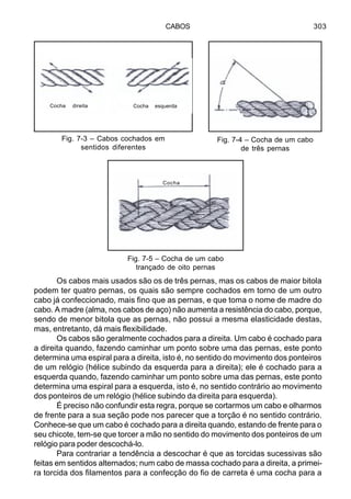 CABOS 303
Os cabos mais usados são os de três pernas, mas os cabos de maior bitola
podem ter quatro pernas, os quais são sempre cochados em torno de um outro
cabo já confeccionado, mais fino que as pernas, e que toma o nome de madre do
cabo. A madre (alma, nos cabos de aço) não aumenta a resistência do cabo, porque,
sendo de menor bitola que as pernas, não possui a mesma elasticidade destas,
mas, entretanto, dá mais flexibilidade.
Os cabos são geralmente cochados para a direita. Um cabo é cochado para
a direita quando, fazendo caminhar um ponto sobre uma das pernas, este ponto
determina uma espiral para a direita, isto é, no sentido do movimento dos ponteiros
de um relógio (hélice subindo da esquerda para a direita); ele é cochado para a
esquerda quando, fazendo caminhar um ponto sobre uma das pernas, este ponto
determina uma espiral para a esquerda, isto é, no sentido contrário ao movimento
dos ponteiros de um relógio (hélice subindo da direita para esquerda).
É preciso não confundir esta regra, porque se cortarmos um cabo e olharmos
de frente para a sua seção pode nos parecer que a torção é no sentido contrário.
Conhece-se que um cabo é cochado para a direita quando, estando de frente para o
seu chicote, tem-se que torcer a mão no sentido do movimento dos ponteiros de um
relógio para poder descochá-lo.
Para contrariar a tendência a descochar é que as torcidas sucessivas são
feitas em sentidos alternados; num cabo de massa cochado para a direita, a primei-
ra torcida dos filamentos para a confecção do fio de carreta é uma cocha para a
Fig. 7-3 – Cabos cochados em
sentidos diferentes
Fig. 7-4 – Cocha de um cabo
de três pernas
Fig. 7-5 – Cocha de um cabo
trançado de oito pernas
Cocha direita Cocha esquerda
Cocha
 
