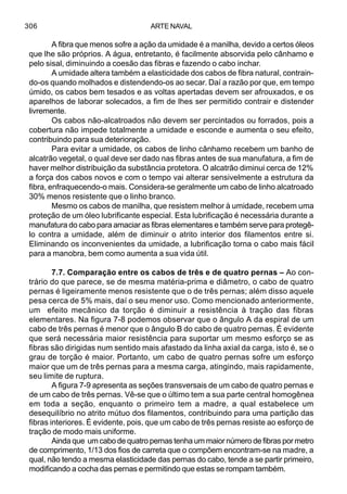 ARTE NAVAL306
A fibra que menos sofre a ação da umidade é a manilha, devido a certos óleos
que lhe são próprios. A água, entretanto, é facilmente absorvida pelo cânhamo e
pelo sisal, diminuindo a coesão das fibras e fazendo o cabo inchar.
A umidade altera também a elasticidade dos cabos de fibra natural, contrain-
do-os quando molhados e distendendo-os ao secar. Daí a razão por que, em tempo
úmido, os cabos bem tesados e as voltas apertadas devem ser afrouxados, e os
aparelhos de laborar solecados, a fim de lhes ser permitido contrair e distender
livremente.
Os cabos não-alcatroados não devem ser percintados ou forrados, pois a
cobertura não impede totalmente a umidade e esconde e aumenta o seu efeito,
contribuindo para sua deterioração.
Para evitar a umidade, os cabos de linho cânhamo recebem um banho de
alcatrão vegetal, o qual deve ser dado nas fibras antes de sua manufatura, a fim de
haver melhor distribuição da substância protetora. O alcatrão diminui cerca de 12%
a força dos cabos novos e com o tempo vai alterar sensivelmente a estrutura da
fibra, enfraquecendo-o mais. Considera-se geralmente um cabo de linho alcatroado
30% menos resistente que o linho branco.
Mesmo os cabos de manilha, que resistem melhor à umidade, recebem uma
proteção de um óleo lubrificante especial. Esta lubrificação é necessária durante a
manufatura do cabo para amaciar as fibras elementares e também serve para protegê-
lo contra a umidade, além de diminuir o atrito interior dos filamentos entre si.
Eliminando os inconvenientes da umidade, a lubrificação torna o cabo mais fácil
para a manobra, bem como aumenta a sua vida útil.
7.7. Comparação entre os cabos de três e de quatro pernas – Ao con-
trário do que parece, se de mesma matéria-prima e diâmetro, o cabo de quatro
pernas é ligeiramente menos resistente que o de três pernas; além disso aquele
pesa cerca de 5% mais, daí o seu menor uso. Como mencionado anteriormente,
um efeito mecânico da torção é diminuir a resistência à tração das fibras
elementares. Na figura 7-8 podemos observar que o ângulo A da espiral de um
cabo de três pernas é menor que o ângulo B do cabo de quatro pernas. É evidente
que será necessária maior resistência para suportar um mesmo esforço se as
fibras são dirigidas num sentido mais afastado da linha axial da carga, isto é, se o
grau de torção é maior. Portanto, um cabo de quatro pernas sofre um esforço
maior que um de três pernas para a mesma carga, atingindo, mais rapidamente,
seu limite de ruptura.
A figura 7-9 apresenta as seções transversais de um cabo de quatro pernas e
de um cabo de três pernas. Vê-se que o último tem a sua parte central homogênea
em toda a seção, enquanto o primeiro tem a madre, a qual estabelece um
desequilíbrio no atrito mútuo dos filamentos, contribuindo para uma partição das
fibras interiores. É evidente, pois, que um cabo de três pernas resiste ao esforço de
tração de modo mais uniforme.
Ainda que um cabo de quatro pernas tenha um maior número de fibras por metro
de comprimento, 1/13 dos fios de carreta que o compõem encontram-se na madre, a
qual, não tendo a mesma elasticidade das pernas do cabo, tende a se partir primeiro,
modificando a cocha das pernas e permitindo que estas se rompam também.
 