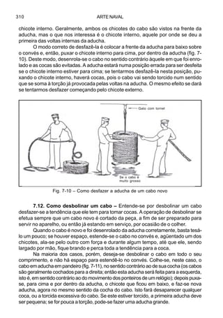 ARTE NAVAL310
chicote interno. Geralmente, ambos os chicotes do cabo são vistos na frente da
aducha, mas o que nos interessa é o chicote interno, aquele por onde se deu a
primeira das voltas internas da aducha.
O modo correto de desfazê-la é colocar a frente da aducha para baixo sobre
o convés e, então, puxar o chicote interno para cima, por dentro da aducha (fig. 7-
10). Deste modo, desenrola-se o cabo no sentido contrário àquele em que foi enro-
lado e as cocas são evitadas. A aducha estará numa posição errada para ser desfeita
se o chicote interno estiver para cima; se tentarmos desfazê-la nesta posição, pu-
xando o chicote interno, haverá cocas, pois o cabo vai sendo torcido num sentido
que se soma à torção já provocada pelas voltas na aducha. O mesmo efeito se dará
se tentarmos desfazer começando pelo chicote externo.
7.12. Como desbolinar um cabo – Entende-se por desbolinar um cabo
desfazer-se a tendência que ele tem para tomar cocas. A operação de desbolinar se
efetua sempre que um cabo novo é cortado da peça, a fim de ser preparado para
servir no aparelho, ou então já estando em serviço, por ocasião de o colher.
Quando o cabo é novo e foi desenrolado da aducha corretamente, basta tesá-
lo um pouco; se houver espaço, estende-se o cabo no convés e, agüentado um dos
chicotes, ala-se pelo outro com força e durante algum tempo, até que ele, sendo
largado por mão, fique brando e perca toda a tendência para a coca.
Na maioria dos casos, porém, deseja-se desbolinar o cabo em todo o seu
comprimento, e não há espaço para estendê-lo no convés. Colhe-se, neste caso, o
cabo em aducha em pandeiro (fig. 7-11), no sentido contrário ao de sua cocha (os cabos
são geralmente cochados para a direita; então esta aducha será feita para a esquerda,
isto é, em sentido contrário ao do movimento dos ponteiros de um relógio); depois puxa-
se, para cima e por dentro da aducha, o chicote que ficou em baixo, e faz-se nova
aducha, agora no mesmo sentido da cocha do cabo. Isto fará desaparecer qualquer
coca, ou a torcida excessiva do cabo. Se este estiver torcido, a primeira aducha deve
ser pequena; se for pouca a torção, pode-se fazer uma aducha grande.
Fig. 7-10 – Como desfazer a aducha de um cabo novo
Gato com tornel
Se o cabo é
muito grosso
 