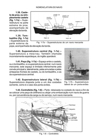 NOMENCLATURA DO NAVIO 9
Fig. 1-7b – Superestrutura
lateral de um porta-aviões
1.38. Caste-
lo de proa, ou sim-
plesmente castelo
(fig. 1-7a) – Supe-
restrutura na parte
extrema da proa,
acompanhada de
elevação da borda.
1.39. Tom-
badilho (fig. 1-7a)
– Superestrutura na
parte externa da
popa, acompanhada de elevação da borda.
1.40. Superestrutura central (fig. 1-7a) –
Superestrutura a meia-nau. Também chamada
incorretamente espardeque, do inglês spardeck.
1.41. Poço (fig. 1-7a) – Espaço entre o castelo,
ou o tombadilho, e a superestrutura central, num navio
mercante; este espaço é limitado inferiormente pelo
convés principal e, lateralmente, pelas amuradas e pelas
anteparas frontais do castelo, ou do tombadilho, e as
da superestrutura central.
1.42. Superestrutura lateral (fig. 1-7b) –
Superestrutura disposta junto a um dos costados
somente, como é o caso dos porta-aviões.
1.43. Contrafeito (fig. 1-8) – Parte rebaixada no costado do navio a fim de
se colocar uma peça de artilharia ou alojar uma embarcação num navio de guerra
ou, por conveniência da carga ou do serviço, num navio mercante.
Fig. 1-7a – Superestruturas de um navio mercante
Fig. 1-8 – Contrafeito
 