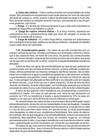 CABOS 333
q. Cabo não rotativo – Cabos confeccionados com propriedades de evitar
torção. São utilizados em equipamento onde existe apenas um ramo de cabo para
elevação de cargas ou, ainda, quando a altura de elevação da carga é muito alta.
Para se evitar torções ou rotações durante o serviço, recomenda-se o uso de gan-
chos giratórios, com tornel.
r. Carga – É a tensão de dimensionamento a que o cabo está submetido na
relação de carga efetiva de trabalho e ruptura.
s. Carga de ruptura mínima efetiva – É a força mínima, expressa em
quilonewtons (kn) e quilograma-força (kgf) que deve ser atingida no ensaio de
resistência à tração até à ruptura.
t. Carga de trabalho – É a maior força efetiva, expressa em quilonewtons
(kn) e quilograma-força (kgf), estática ou de esforço dinâmico, resultante do trabalho
a que o cabo deve ser submetido.
7.32. Considerações gerais – Os cabos de aço são constituídos por um
número variável de pernas, torcidas (cochadas) com inclinação uniforme e menor
que a dos cabos de fibra, em torno de uma alma. As pernas são confeccionadas
com um número também variável de fios torcidos em torno de uma alma, que pode
ser de aço (AA) ou de fibra (AF ou AFA), conforme a relação flexibilidade-resistência
desejada.
A alma de fibra, em geral, dá mais flexibilidade ao cabo de aço, podendo ser
confeccionada com fios torcidos de fibras naturais ou fibras artificiais (sintéticas).
Essas últimas apresentam as mesmas vantagens das fibras naturais, não se dete-
rioram em contato com a água ou substâncias agressivas e não absorvem umidade,
o que representa uma garantia contra o perigo de corrosão no interior do cabo de
aço. A desvantagem da utilização da fibra artificial é seu elevado custo em relação
às fibras naturais, o que limita seu uso a cabos especiais. Os fios de fibra da alma
deverão ser tratados, durante a fabricação, com lubrificação especial que contenha
composto de cobre (Cu) ou outro material preservativo, a fim de evitar a deterioração.
A alma de aço garante maior resistência aos amassamentos e aumenta a
resistência à tração. Um cabo de seis pernas com alma de aço apresenta um
aumento de 7,5% na resistência à tração e aproximadamente 10% no peso em
relação a um cabo com alma de fibra de mesmo diâmetro e construção.
As características dos cabos de aço e os processos de sua fabricação variam
extraordinariamente, de acordo com as necessidades do serviço desejado. A espécie
de matéria-prima, o número e a disposição dos fios da perna, e das pernas no cabo
e o tipo de alma permitem fazer variar, em grande escala, as duas propriedades
mais desejadas no cabo de aço: resistência e flexibilidade. Nos cabos de laborar,
por exemplo, tem-se que assegurar uma certa flexibilidade, mesmo com prejuízo da
resistência. Nos aparelhos fixos dos navios, ao contrário, exige-se um esforço
permanente sobre o cabo, o que lega à resistência uma importância máxima; neste
caso, a galvanização se torna necessária, em virtude de sua exposição ao tempo.
Os cabos de aço mais comuns são constituídos por seis pernas torcidas em
torno de uma alma de fibra , mas o número de fios por perna e a alma destas pernas
dependem do grau de flexibilidade desejado.
 