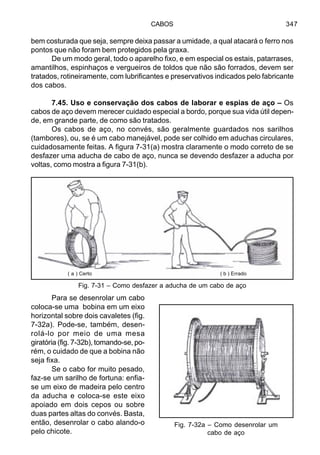 CABOS 347
bem costurada que seja, sempre deixa passar a umidade, a qual atacará o ferro nos
pontos que não foram bem protegidos pela graxa.
De um modo geral, todo o aparelho fixo, e em especial os estais, patarrases,
amantilhos, espinhaços e vergueiros de toldos que não são forrados, devem ser
tratados, rotineiramente, com lubrificantes e preservativos indicados pelo fabricante
dos cabos.
7.45. Uso e conservação dos cabos de laborar e espias de aço – Os
cabos de aço devem merecer cuidado especial a bordo, porque sua vida útil depen-
de, em grande parte, de como são tratados.
Os cabos de aço, no convés, são geralmente guardados nos sarilhos
(tambores), ou, se é um cabo manejável, pode ser colhido em aduchas circulares,
cuidadosamente feitas. A figura 7-31(a) mostra claramente o modo correto de se
desfazer uma aducha de cabo de aço, nunca se devendo desfazer a aducha por
voltas, como mostra a figura 7-31(b).
Para se desenrolar um cabo
coloca-se uma bobina em um eixo
horizontal sobre dois cavaletes (fig.
7-32a). Pode-se, também, desen-
rolá-lo por meio de uma mesa
giratória (fig. 7-32b), tomando-se, po-
rém, o cuidado de que a bobina não
seja fixa.
Se o cabo for muito pesado,
faz-se um sarilho de fortuna: enfia-
se um eixo de madeira pelo centro
da aducha e coloca-se este eixo
apoiado em dois cepos ou sobre
duas partes altas do convés. Basta,
então, desenrolar o cabo alando-o
pelo chicote.
Fig. 7-32a – Como desenrolar um
cabo de aço
Fig. 7-31 – Como desfazer a aducha de um cabo de aço
( b ) Errado( a ) Certo
 