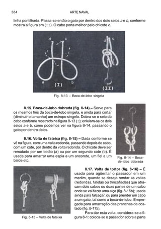 ARTE NAVAL384
linha pontilhada. Passa-se então o gato por dentro dos dois seios a e b, conforme
mostra a figura em (II). O cabo porta melhor pelo chicote c.
8.15. Boca-de-lobo dobrada (fig. 8-14) – Serve para
os mesmos fins da boca-de-lobo singela, e ainda para cortar
(diminuir o tamanho) um estropo singelo. Dobra-se o seio do
cabo conforme mostrado na figura 8-13 (I); enleiam-se os dois
seios a e b, como podemos ver na figura 8-14, passando o
gato por dentro deles.
8.16. Volta de fateixa (fig. 8-15) – Dada conforme se
vê na figura, com uma volta redonda, passando depois do cabo,
com um cote, por dentro da volta redonda. O chicote deve ser
rematado por um botão (a) ou por um segundo cote (b). É
usada para amarrar uma espia a um ancorote, um fiel a um
balde etc.
8.17. Volta de tortor (fig. 8-16) – É
usada para agüentar o passador em um
merlim, quando se deseja rondar as voltas
(redondas, falidas ou trincafiadas) que atra-
cam dois cabos ou duas partes de um cabo
onde se vai fazer uma alça (fig. 8-16b); usada
ainda para falcaçar, ou para prender um cabo
a um gato, tal como a boca-de-lobo. Empre-
gada para amarração das pranchas de cos-
tado (fig. 8-115).
Para dar esta volta, considera-se a fi-
gura 8-1: coloca-se o passador sobre a parte
Fig. 8-13 – Boca-de-lobo singela
Fig. 8-15 – Volta de fateixa
Fig. 8-14 – Boca-
de-lobo dobrada
 