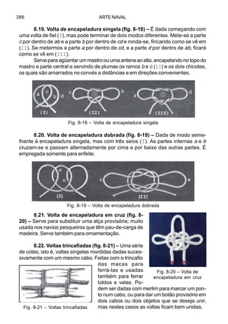 ARTE NAVAL386
8.19. Volta de encapeladura singela (fig. 8-18) – É dada começando com
uma volta de fiel (I), mas pode terminar de dois modos diferentes. Mete-se a parte
c por dentro de ab e a parte b por dentro de cd e ronda-se, fincando como se vê em
(II). Se metermos a parte a por dentro de cd, e a parte d por dentro de ab, ficará
como se vê em (III).
Serve para agüentar um mastro ou uma antena ao alto, encapelando no topo do
mastro e parte central e servindo de plumas os ramos b e c (II) e os dois chicotes,
os quais são amarrados no convés a distâncias e em direções convenientes.
8.20. Volta de encapeladura dobrada (fig. 8-19) – Dada de modo seme-
lhante à encapeladura singela, mas com três seios (I). As partes internas a e b
cruzam-se e passam alternadamente por cima e por baixo das outras partes. É
empregada somente para enfeite.
8.21. Volta de encapeladura em cruz (fig. 8-
20) – Serve para substituir uma alça provisória; muito
usada nos navios pesqueiros que têm pau-de-carga de
madeira. Serve também para ornamentação.
8.22. Voltas trincafiadas (fig. 8-21) – Uma série
de cotes, isto é, voltas singelas mordidas dadas suces-
sivamente com um mesmo cabo. Feitas com o trincafio
das macas para
ferrá-las e usadas
também para ferrar
toldos e velas. Po-
dem ser dadas com merlim para marcar um pon-
to num cabo, ou para dar um botão provisório em
dois cabos ou dois objetos que se deseja unir,
mas nestes casos as voltas ficam bem unidas.
Fig. 8-18 – Volta de encapeladura singela
Fig. 8-19 – Volta de encapeladura dobrada
Fig. 8-21 – Voltas trincafiadas
Fig. 8-20 – Volta de
encapeladura em cruz
 