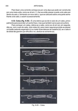ARTE NAVAL390
Para fazer uma corrente começa-se por uma alça que pode ser construída
por uma meia-volta, como se vê em (I); faz-se então passar a parte a do cabo por
dentro do seio z, formando um novo seio z, que se colocará sobre uma parte seme-
lhante a do cabo, e assim sucessivamente.
8.32. Catau (fig. 8-29) – É uma dobra que se dá no seio de um cabo, princi-
palmente para esconder um ponto fraco, mas que também serve para encurtá-lo.
Para começar um catau, dobra-se o cabo, como se vê em (a); em seguida,
dão-se, com o seio do cabo, dois cotes (b); para maior segurança pode-se passar
um botão redondo esganado (c) ou meter duas taliscas de madeira (d); se o cabo é
de bitola tão grande que dificulta o nó, abotoa-se somente (e).
Fig. 8-29 – Catau
 