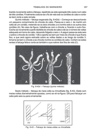 TRABALHOS DO MARINHEIRO 397
trazido novamente sobre a falcaça, repetindo-se esta operação três vezes num cabo
de três cordões. Finalmente costura-se o fio de vela sob os cordões do cabo e corta-
se bem rente a este remate.
Quinto método – falcaça esganada (fig. 8-42d) – Começa-se descochando
um pequeno comprimento do chicote do cabo. Passa-se o seio c do merlim em
volta de um cordão, metendo-se os dois chicotes a e b entre este e os outros dois
cordões (A). No caso da figura, trabalha-se com o chicote a, ficando o outro fixo.
Cocha-se novamente a parte desfeita do chicote do cabo e dá-se o número de voltas
adequado em torno do cabo, deixando folgado o seio c. A seguir passa-se este seio
c sobre o chicote do cordão 1 (B) e aperta-se bem por meio do chicote b que ficara
fixo, e que será agora esticado sobre as voltas dadas e ao longo do cordão 3.
Amarra-se bem o chicote a ao chicote b entre os cordões do cabo. Cortam-se estes
rentes à falcaça feita e corta-se também o que sobrar dos fios de vela (C).
Sexto método – falcaça de meia-volta ou trincafiada (fig. 8-43). Dada com
meias-voltas diametralmente opostas, como se vê na figura. Útil para falcaçar um
cabo pelo seio ou para ornamentar.
Fig. 8-42d – Falcaça (quinto método)
Fig. 8-43 – Falcaça de meias-voltas ou trincafiada
 