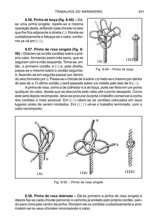 TRABALHOS DO MARINHEIRO 401
8.56. Pinha de boça (fig. 8-49) – Dá-
se uma pinha singela; repete-se a mesma
operação desta, enfiando cada chicote no seio
que lhe fica adjacente à direita (I). Ronda-se
cuidadosamente e falcaça-se o cabo, confor-
me se vê em (II).
8.57. Pinha de rosa singela (fig. 8-
50) – Dobram-se os três cordões sobre o pró-
prio cabo, formando assim três seios, que se
seguram com a mão esquerda. Toma-se, en-
tão, o primeiro cordão a (I) e, pela direita,
passa-se o mesmo sobre o cordão seguinte,
b, fazendo-se em seguida passar por dentro
do seio formado por c. Passa-se o chicote de b sobre c e mete-se o mesmo por dentro
do seio de a. O último cordão c será passado sobre a e metido pelo seio de b (II).
A pinha de rosa, como a de colhedor e a de boça, pode ser feita em um ponto
qualquer do cabo, desde que se descoche este cabo até o ponto desejado. Como
este será depois recomposto, deve-se procurar durante o trabalho conservar a cocha
dos cordões o mais possível. Em (II) vêem-se os cordões colocados em seus
lugares antes de serem rondados. Em (III) vê-se o trabalho terminado, com o
cabo recomposto.
8.58. Pinha de rosa dobrada – Dá-se primeiro a pinha de rosa singela e
depois faz-se cada chicote percorrer o caminho já andado pelo próprio cordão, sain-
do para cima pelo centro da pinha. Rondam-se os cordões cuidadosamente e arre-
matam-se os seus chicotes recompondo o cabo.
Fig. 8-49 – Pinha de boça
Fig. 8-50 – Pinha de rosa singela
 