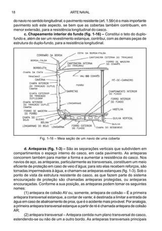 ARTE NAVAL18
do navio no sentido longitudinal; o pavimento resistente (art. 1.56r) é o mais importante
pavimento sob este aspecto, se bem que as cobertas também contribuam, em
menor extensão, para a resistência longitudinal do casco.
c. Chapeamento interior do fundo (fig. 1-16) – Constitui o teto do duplo-
fundo e, além de ser um revestimento estanque, contribui, com as demais peças de
estrutura do duplo-fundo, para a resistência longitudinal.
d. Anteparas (fig. 1-3) – São as separações verticais que subdividem em
compartimentos o espaço interno do casco, em cada pavimento. As anteparas
concorrem também para manter a forma e aumentar a resistência do casco. Nos
navios de aço, as anteparas, particularmente as transversais, constituem um meio
eficiente de proteção em caso de veio d’água; para isto elas recebem reforços, são
tornadas impermeáveis à água, e chamam-se anteparas estanques (fig. 1-3). Sob o
ponto de vista da estrutura resistente do casco, as que fazem parte do sistema
encouraçado de proteção são chamadas anteparas protegidas, ou anteparas
encouraçadas. Conforme a sua posição, as anteparas podem tomar os seguintes
nomes:
(1) antepara de colisão AV ou, somente, antepara de colisão – É a primeira
antepara transversal estanque, a contar de vante; é destinada a limitar a entrada de
água em caso de abalroamento de proa, que é o acidente mais provável. Por analogia,
a primeira antepara transversal estanque a partir de ré é chamada antepara de colisão
AR;
(2) antepara transversal – Antepara contida num plano transversal do casco,
estendendo-se ou não de um a outro bordo. As anteparas transversais principais
Fig. 1-16 – Meia seção de um navio de uma coberta
-
DO
 