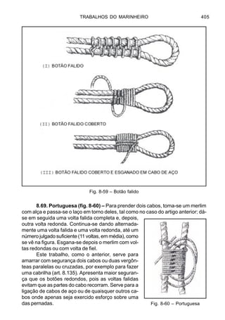 TRABALHOS DO MARINHEIRO 405
8.69. Portuguesa (fig. 8-60) – Para prender dois cabos, toma-se um merlim
com alça e passa-se o laço em torno deles, tal como no caso do artigo anterior; dá-
se em seguida uma volta falida completa e, depois,
outra volta redonda. Continua-se dando alternada-
mente uma volta falida e uma volta redonda, até um
número julgado suficiente (11 voltas, em média), como
se vê na figura. Esgana-se depois o merlim com vol-
tas redondas ou com volta de fiel.
Este trabalho, como o anterior, serve para
amarrar com segurança dois cabos ou duas vergôn-
teas paralelas ou cruzadas, por exemplo para fazer
uma cabrilha (art. 8.135). Apresenta maior seguran-
ça que os botões redondos, pois as voltas falidas
evitam que as partes do cabo recorram. Serve para a
ligação de cabos de aço ou de quaisquer outros ca-
bos onde apenas seja exercido esforço sobre uma
das pernadas. Fig. 8-60 – Portuguesa
Fig. 8-59 – Botão falido
 