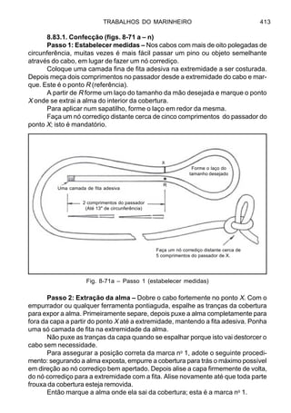 TRABALHOS DO MARINHEIRO 413
8.83.1. Confecção (figs. 8-71 a – n)
Passo 1: Estabelecer medidas – Nos cabos com mais de oito polegadas de
circunferência, muitas vezes é mais fácil passar um pino ou objeto semelhante
através do cabo, em lugar de fazer um nó corrediço.
Coloque uma camada fina de fita adesiva na extremidade a ser costurada.
Depois meça dois comprimentos no passador desde a extremidade do cabo e mar-
que. Este é o ponto R (referência).
A partir de R forme um laço do tamanho da mão desejada e marque o ponto
X onde se extrai a alma do interior da cobertura.
Para aplicar num sapatilho, forme o laço em redor da mesma.
Faça um nó corrediço distante cerca de cinco comprimentos do passador do
ponto X; isto é mandatório.
Passo 2: Extração da alma – Dobre o cabo fortemente no ponto X. Com o
empurrador ou qualquer ferramenta pontiaguda, espalhe as tranças da cobertura
para expor a alma. Primeiramente separe, depois puxe a alma completamente para
fora da capa a partir do ponto X até a extremidade, mantendo a fita adesiva. Ponha
uma só camada de fita na extremidade da alma.
Não puxe as tranças da capa quando se espalhar porque isto vai destorcer o
cabo sem necessidade.
Para assegurar a posição correta da marca no
1, adote o seguinte procedi-
mento: segurando a alma exposta, empurre a cobertura para trás o máximo possível
em direção ao nó corrediço bem apertado. Depois alise a capa firmemente de volta,
do nó corrediço para a extremidade com a fita. Alise novamente até que toda parte
frouxa da cobertura esteja removida.
Então marque a alma onde ela sai da cobertura; esta é a marca no
1.
Fig. 8-71a – Passo 1 (estabelecer medidas)
Uma camada de fita adesiva
2 comprimentos do passador
(Até 13" de circunferência)
Forme o laço do
tamanho desejado
Faça um nó corrediço distante cerca de
5 comprimentos do passador de X.
R
X
 