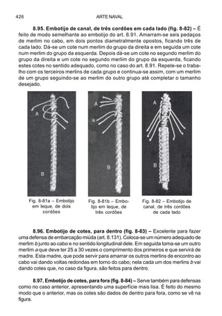 ARTE NAVAL426
8.95. Embotijo de canal, de três cordões em cada lado (fig. 8-82) – É
feito de modo semelhante ao embotijo do art. 8.91. Amarram-se seis pedaços
de merlim no cabo, em dois pontos diametralmente opostos, ficando três de
cada lado. Dá-se um cote num merlim do grupo da direita e em seguida um cote
num merlim do grupo da esquerda. Depois dá-se um cote no segundo merlim do
grupo da direita e um cote no segundo merlim do grupo da esquerda, ficando
estes cotes no sentido adequado, como no caso do art. 8.91. Repete-se o traba-
lho com os terceiros merlins de cada grupo e continua-se assim, com um merlim
de um grupo seguindo-se ao merlim do outro grupo até completar o tamanho
desejado.
8.96. Embotijo de cotes, para dentro (fig. 8-83) – Excelente para fazer
uma defensa de embarcação miúda (art. 8.131). Coloca-se um número adequado de
merlim b junto ao cabo e no sentido longitudinal dele. Em seguida toma-se um outro
merlim a que deve ter 25 a 30 vezes o comprimento dos primeiros e que servirá de
madre. Esta madre, que pode servir para amarrar os outros merlins de encontro ao
cabo vai dando voltas redondas em torno do cabo; nela cada um dos merlins b vai
dando cotes que, no caso da figura, são feitos para dentro.
8.97. Embotijo de cotes, para fora (fig. 8-84) – Serve também para defensas
como no caso anterior, apresentando uma superfície mais lisa. É feito do mesmo
modo que o anterior, mas os cotes são dados de dentro para fora, como se vê na
figura.
Fig. 8-81a – Embotijo
em leque, de dois
cordões
Fig. 8-81b – Embo-
tijo em leque, de
três cordões
Fig. 8-82 – Embotijo de
canal, de três cordões
de cada lado
 