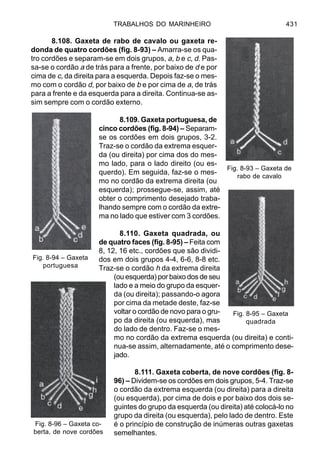 TRABALHOS DO MARINHEIRO 431
8.108. Gaxeta de rabo de cavalo ou gaxeta re-
donda de quatro cordões (fig. 8-93) – Amarra-se os qua-
tro cordões e separam-se em dois grupos, a, b e c, d. Pas-
sa-se o cordão a de trás para a frente, por baixo de d e por
cima de c, da direita para a esquerda. Depois faz-se o mes-
mo com o cordão d, por baixo de b e por cima de a, de trás
para a frente e da esquerda para a direita. Continua-se as-
sim sempre com o cordão externo.
8.109. Gaxeta portuguesa, de
cinco cordões (fig. 8-94) – Separam-
se os cordões em dois grupos, 3-2.
Traz-se o cordão da extrema esquer-
da (ou direita) por cima dos do mes-
mo lado, para o lado direito (ou es-
querdo). Em seguida, faz-se o mes-
mo no cordão da extrema direita (ou
esquerda); prossegue-se, assim, até
obter o comprimento desejado traba-
lhando sempre com o cordão da extre-
ma no lado que estiver com 3 cordões.
8.110. Gaxeta quadrada, ou
de quatro faces (fig. 8-95) – Feita com
8, 12, 16 etc., cordões que são dividi-
dos em dois grupos 4-4, 6-6, 8-8 etc.
Traz-se o cordão h da extrema direita
(ou esquerda) por baixo dos de seu
lado e a meio do grupo da esquer-
da (ou direita); passando-o agora
por cima da metade deste, faz-se
voltar o cordão de novo para o gru-
po da direita (ou esquerda), mas
do lado de dentro. Faz-se o mes-
mo no cordão da extrema esquerda (ou direita) e conti-
nua-se assim, alternadamente, até o comprimento dese-
jado.
8.111. Gaxeta coberta, de nove cordões (fig. 8-
96) – Dividem-se os cordões em dois grupos, 5-4. Traz-se
o cordão da extrema esquerda (ou direita) para a direita
(ou esquerda), por cima de dois e por baixo dos dois se-
guintes do grupo da esquerda (ou direita) até colocá-lo no
grupo da direita (ou esquerda), pelo lado de dentro. Este
é o princípio de construção de inúmeras outras gaxetas
semelhantes.
Fig. 8-93 – Gaxeta de
rabo de cavalo
Fig. 8-95 – Gaxeta
quadrada
Fig. 8-94 – Gaxeta
portuguesa
Fig. 8-96 – Gaxeta co-
berta, de nove cordões
 