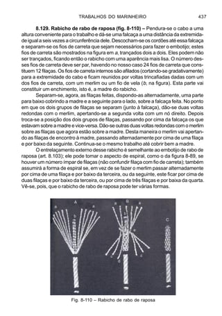 TRABALHOS DO MARINHEIRO 437
8.129. Rabicho de rabo de raposa (fig. 8-110) – Pendura-se o cabo a uma
altura conveniente para o trabalho e dá-se uma falcaça a uma distância da extremida-
de igual a seis vezes a circunferência dele. Descocham-se os cordões até essa falcaça
e separam-se os fios de carreta que sejam necessários para fazer o embotijo; estes
fios de carreta são mostrados na figura em a, trançados dois a dois. Eles podem não
ser trançados, ficando então o rabicho com uma aparência mais lisa. O número des-
ses fios de carreta deve ser par, havendo no nosso caso 24 fios de carreta que cons-
tituem 12 filaças. Os fios de carreta internos são afilados (cortando-se gradativamente)
para a extremidade do cabo e ficam reunidos por voltas trincafiadas dadas com um
dos fios de carreta, com um merlim ou um fio de vela (b, na figura). Esta parte vai
constituir um enchimento, isto é, a madre do rabicho.
Separam-se, agora, as filaças feitas, dispondo-as alternadamente, uma parte
para baixo cobrindo a madre e a seguinte para o lado, sobre a falcaça feita. No ponto
em que os dois grupos de filaças se separam (junto à falcaça), dão-se duas voltas
redondas com o merlim, apertando-se a segunda volta com um nó direito. Depois
troca-se a posição dos dois grupos de filaças, passando por cima da falcaça os que
estavam sobre a madre e vice-versa. Dão-se outras duas voltas redondas com o merlim
sobre as filaças que agora estão sobre a madre. Desta maneira o merlim vai apertan-
do as filaças de encontro à madre, passando alternadamente por cima de uma filaça
e por baixo da seguinte. Continua-se o mesmo trabalho até cobrir bem a madre.
O entrelaçamento externo desse rabicho é semelhante ao embotijo de rabo de
raposa (art. 8.103); ele pode tomar o aspecto de espiral, como o da figura 8-89, se
houver um número ímpar de filaças (não confundir filaça com fio de carreta); também
assumirá a forma de espiral se, em vez de se fazer o merlim passar alternadamente
por cima de uma filaça e por baixo da terceira, ou da seguinte, este ficar por cima de
duas filaças e por baixo da terceira, ou por cima de três filaças e por baixa da quarta.
Vê-se, pois, que o rabicho de rabo de raposa pode ter várias formas.
Fig. 8-110 – Rabicho de rabo de raposa
 