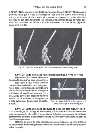 TRABALHOS DO MARINHEIRO 451
8-129 (A). Note-se a diferença desta figura para a figura 8-129 (B). Neste caso, a
primeira volta que o cabo dá é passada por cima do cunho; deste modo o
esforço sobre o vivo do cabo tende a forçar este de encontro ao cunho, e também
exercido no cabo tende a afastá-lo do cunho, não permitindo que as voltas pos-
sam ficar mordidas. Na última volta dá-se um cote, como se vê em (A) e não
como está em (C).
8.145. Dar volta a um cabo numa malagueta (figs. 8-130a e 8-130b)
(1) dão-se voltas falidas, exatamen-
te como foi dito acima, para um cunho; e
(2) a figura 8-130a mostra um cabo
que tem alça dando volta numa malagueta;
neste caso, o vivo do cabo é dirigido para
cima e foi amarrado primeiro à malagueta
e depois à outra parte que se deseja pren-
der. A alça deverá ser passada de modo
inverso, isto é, em baixo da malagueta, se
o cabo tiver de ser dirigido para baixo (fig.
8-130b).
8.146. Dar volta a um cabo pendurando a aducha dele (figs. 8-131 e 8-
132) – As adriças, as carregadeiras das velas, o tirador de uma talha etc. devem ser
aduchados quando não estão em uso, e isto é feito de modo que permita desfazer
prontamente a aducha logo que for desejado. Assim o convés fica safo e o cabo se
mantém sempre seco.
(1) toma-se o seio do cabo, depois que se deu volta nele, e a uma distância
de cerca de um metro do lugar onde se deu volta inicia-se uma aducha em pandeiro,
sobre o convés.
Fig. 8-129 – Dar volta a um cabo num cunho ou numa malagueta
Figs. 8-130a e 8-130b – Dar volta a um
cabo com alça numa malagueta
 