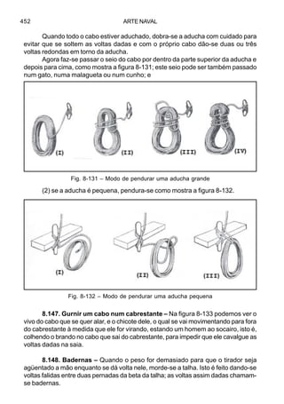 ARTE NAVAL452
Quando todo o cabo estiver aduchado, dobra-se a aducha com cuidado para
evitar que se soltem as voltas dadas e com o próprio cabo dão-se duas ou três
voltas redondas em torno da aducha.
Agora faz-se passar o seio do cabo por dentro da parte superior da aducha e
depois para cima, como mostra a figura 8-131; este seio pode ser também passado
num gato, numa malagueta ou num cunho; e
(2) se a aducha é pequena, pendura-se como mostra a figura 8-132.
8.147. Gurnir um cabo num cabrestante – Na figura 8-133 podemos ver o
vivo do cabo que se quer alar, e o chicote dele, o qual se vai movimentando para fora
do cabrestante à medida que ele for virando, estando um homem ao socairo, isto é,
colhendo o brando no cabo que sai do cabrestante, para impedir que ele cavalgue as
voltas dadas na saia.
8.148. Badernas – Quando o peso for demasiado para que o tirador seja
agüentado a mão enquanto se dá volta nele, morde-se a talha. Isto é feito dando-se
voltas falidas entre duas pernadas da beta da talha; as voltas assim dadas chamam-
se badernas.
Fig. 8-131 – Modo de pendurar uma aducha grande
Fig. 8-132 – Modo de pendurar uma aducha pequena
 