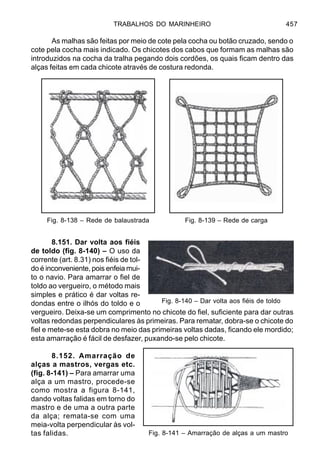 TRABALHOS DO MARINHEIRO 457
As malhas são feitas por meio de cote pela cocha ou botão cruzado, sendo o
cote pela cocha mais indicado. Os chicotes dos cabos que formam as malhas são
introduzidos na cocha da tralha pegando dois cordões, os quais ficam dentro das
alças feitas em cada chicote através de costura redonda.
8.151. Dar volta aos fiéis
de toldo (fig. 8-140) – O uso da
corrente (art. 8.31) nos fiéis de tol-
do é inconveniente, pois enfeia mui-
to o navio. Para amarrar o fiel de
toldo ao vergueiro, o método mais
simples e prático é dar voltas re-
dondas entre o ilhós do toldo e o
vergueiro. Deixa-se um comprimento no chicote do fiel, suficiente para dar outras
voltas redondas perpendiculares às primeiras. Para rematar, dobra-se o chicote do
fiel e mete-se esta dobra no meio das primeiras voltas dadas, ficando ele mordido;
esta amarração é fácil de desfazer, puxando-se pelo chicote.
8.152. Amarração de
alças a mastros, vergas etc.
(fig. 8-141) – Para amarrar uma
alça a um mastro, procede-se
como mostra a figura 8-141,
dando voltas falidas em torno do
mastro e de uma a outra parte
da alça; remata-se com uma
meia-volta perpendicular às vol-
tas falidas.
Fig. 8-138 – Rede de balaustrada Fig. 8-139 – Rede de carga
Fig. 8-140 – Dar volta aos fiéis de toldo
Fig. 8-141 – Amarração de alças a um mastro
 