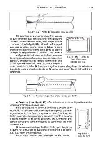 TRABALHOS DO MARINHEIRO 459
Há dois tipos de pontos de bigorrilha: quando
se quer emendar duas lonas fazendo uma pequena
beira em cada uma das ourelas, cosendo por dentro,
chama-se redondo (fig. 8-144a). Quando se forra qual-
quer cabo ou objeto, fazendo antes as dobras no pano,
chama-se chato; neste último caso, pode-se coser o
pano por fora (fig. 8-144b) ou por dentro (fig. 8-144c).
As figuras são suficientemente claras, mostran-
do como a agulha apanha os dois panos e respectivas
dobras. O chicote inicial do fio deve ficar mordido pelo
primeiro ponto e escondido na dobra de um dos panos
ou na parte interna deles. Note-se que a agulha passa em ângulo reto em relação à
direção da costura. Usualmente dão-se 12 pontos para cada 10 centímetros (0,8 cm
por ponto).
c. Ponto de livro (fig. 8-145) – Semelhante ao ponto de bigorrilha e muito
usado para forrar objetos com lona.
Enfia-se a agulha no ponto a, deixando o chicote do fio
escondido na dobra e mordido neste primeiro ponto; dá-se em
seguida o ponto b, enfiando a agulha no pano B de fora para
dentro, de modo a sair pela dobra; segue-se o ponto c, enfiando
a agulha no pano A de dentro para fora, isto é, entrando pela
dobra e saindo pelo pano. Prossegue-se deste modo até termi-
nar a costura.
Observa-se que este ponto difere do de bigorrilha porque
a agulha não atravessa as duas lonas de uma vez, e os pontos
a, b, c, d, ficam em ziguezague.
Usualmente dão-se 8 ou 9 pontos por 10 centímetros.
Fig. 8-144b – Ponto de
bigorrilha chato
(cosido por fora)
Fig. 8-144a – Ponto de bogorrilha pelo redondo
Fig. 8-144c – Ponto de bigorrilha chato (cosido por dentro)
Fig. 8-145 –
Ponto de livro
A
B
a
b
c
d
 