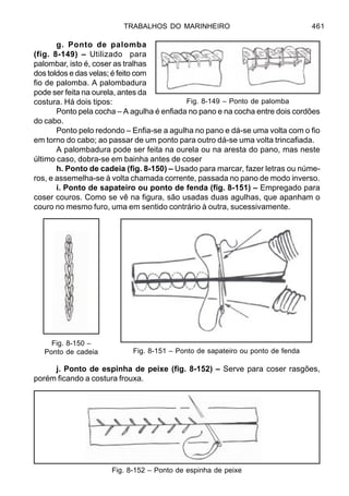 TRABALHOS DO MARINHEIRO 461
g. Ponto de palomba
(fig. 8-149) – Utilizado para
palombar, isto é, coser as tralhas
dos toldos e das velas; é feito com
fio de palomba. A palombadura
pode ser feita na ourela, antes da
costura. Há dois tipos:
Ponto pela cocha – A agulha é enfiada no pano e na cocha entre dois cordões
do cabo.
Ponto pelo redondo – Enfia-se a agulha no pano e dá-se uma volta com o fio
em torno do cabo; ao passar de um ponto para outro dá-se uma volta trincafiada.
A palombadura pode ser feita na ourela ou na aresta do pano, mas neste
último caso, dobra-se em bainha antes de coser
h. Ponto de cadeia (fig. 8-150) – Usado para marcar, fazer letras ou núme-
ros, e assemelha-se à volta chamada corrente, passada no pano de modo inverso.
i. Ponto de sapateiro ou ponto de fenda (fig. 8-151) – Empregado para
coser couros. Como se vê na figura, são usadas duas agulhas, que apanham o
couro no mesmo furo, uma em sentido contrário à outra, sucessivamente.
j. Ponto de espinha de peixe (fig. 8-152) – Serve para coser rasgões,
porém ficando a costura frouxa.
Fig. 8-149 – Ponto de palomba
Fig. 8-152 – Ponto de espinha de peixe
Fig. 8-150 –
Ponto de cadeia Fig. 8-151 – Ponto de sapateiro ou ponto de fenda
 