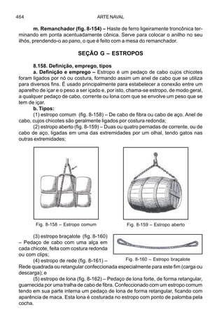 ARTE NAVAL464
m. Remanchador (fig. 8-154) – Haste de ferro ligeiramente troncônica ter-
minando em ponta acentuadamente cônica. Serve para colocar o anilho no seu
ilhós, prendendo-o ao pano, o que é feito com a mesa do remanchador.
SEÇÃO G – ESTROPOS
8.158. Definição, emprego, tipos
a. Definição e emprego – Estropo é um pedaço de cabo cujos chicotes
foram ligados por nó ou costura, formando assim um anel de cabo que se utiliza
para diversos fins. É usado principalmente para estabelecer a conexão entre um
aparelho de içar e o peso a ser içado e, por isto, chama-se estropo, de modo geral,
a qualquer pedaço de cabo, corrente ou lona com que se envolve um peso que se
tem de içar.
b. Tipos:
(1) estropo comum (fig. 8-158) – De cabo de fibra ou cabo de aço. Anel de
cabo, cujos chicotes são geralmente ligados por costura redonda;
(2) estropo aberto (fig. 8-159) – Duas ou quatro pernadas de corrente, ou de
cabo de aço, ligadas em uma das extremidades por um olhal, tendo gatos nas
outras extremidades;
(3) estropo braçalote (fig. 8-160)
– Pedaço de cabo com uma alça em
cada chicote, feita com costura redonda
ou com clips;
(4) estropo de rede (fig. 8-161) –
Rede quadrada ou retangular confeccionada especialmente para este fim (carga ou
descarga); e
(5) estropo de lona (fig. 8-162) – Pedaço de lona forte, de forma retangular,
guarnecida por uma tralha de cabo de fibra. Confeccionado com um estropo comum
tendo em sua parte interna um pedaço de lona de forma retangular, ficando com
aparência de maca. Esta lona é costurada no estropo com ponto de palomba pela
cocha.
Fig. 8-159 – Estropo abertoFig. 8-158 – Estropo comum
Fig. 8-160 – Estropo braçalote
 