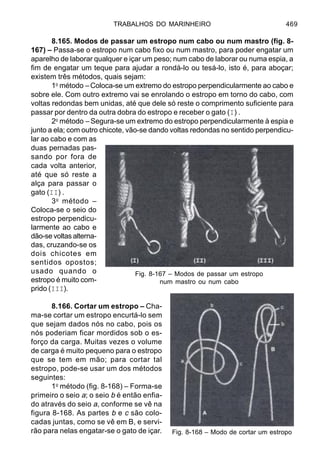 TRABALHOS DO MARINHEIRO 469
8.165. Modos de passar um estropo num cabo ou num mastro (fig. 8-
167) – Passa-se o estropo num cabo fixo ou num mastro, para poder engatar um
aparelho de laborar qualquer e içar um peso; num cabo de laborar ou numa espia, a
fim de engatar um teque para ajudar a rondá-lo ou tesá-lo, isto é, para aboçar;
existem três métodos, quais sejam:
1o
método – Coloca-se um extremo do estropo perpendicularmente ao cabo e
sobre ele. Com outro extremo vai se enrolando o estropo em torno do cabo, com
voltas redondas bem unidas, até que dele só reste o comprimento suficiente para
passar por dentro da outra dobra do estropo e receber o gato (I) .
2o
método – Segura-se um extremo do estropo perpendicularmente à espia e
junto a ela; com outro chicote, vão-se dando voltas redondas no sentido perpendicu-
lar ao cabo e com as
duas pernadas pas-
sando por fora de
cada volta anterior,
até que só reste a
alça para passar o
gato (II) .
3o
método –
Coloca-se o seio do
estropo perpendicu-
larmente ao cabo e
dão-se voltas alterna-
das, cruzando-se os
dois chicotes em
sentidos opostos;
usado quando o
estropo é muito com-
prido (III).
8.166. Cortar um estropo – Cha-
ma-se cortar um estropo encurtá-lo sem
que sejam dados nós no cabo, pois os
nós poderiam ficar mordidos sob o es-
forço da carga. Muitas vezes o volume
de carga é muito pequeno para o estropo
que se tem em mão; para cortar tal
estropo, pode-se usar um dos métodos
seguintes:
1o
método (fig. 8-168) – Forma-se
primeiro o seio a; o seio b é então enfia-
do através do seio a, conforme se vê na
figura 8-168. As partes b e c são colo-
cadas juntas, como se vê em B, e servi-
rão para nelas engatar-se o gato de içar.
Fig. 8-167 – Modos de passar um estropo
num mastro ou num cabo
Fig. 8-168 – Modo de cortar um estropo
 