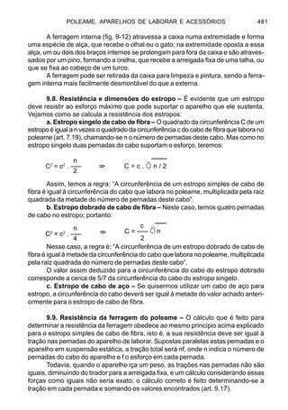 POLEAME, APARELHOS DE LABORAR E ACESSÓRIOS 481
c
C = ––– Ö n
2
A ferragem interna (fig. 9-12) atravessa a caixa numa extremidade e forma
uma espécie de alça, que recebe o olhal ou o gato; na extremidade oposta a essa
alça, um ou dois dos braços internos se prolongam para fora da caixa e são atraves-
sados por um pino, formando a orelha, que recebe a arreigada fixa de uma talha, ou
que se fixa ao cabeço de um turco.
A ferragem pode ser retirada da caixa para limpeza e pintura, sendo a ferra-
gem interna mais facilmente desmontável do que a externa.
9.8. Resistência e dimensões do estropo – É evidente que um estropo
deve resistir ao esforço máximo que pode suportar o aparelho que ele sustenta.
Vejamos como se calcula a resistência dos estropos:
a. Estropo singelo de cabo de fibra – O quadrado da circunferência C de um
estropo é igual a n vezes o quadrado da circunferência c do cabo de fibra que labora no
poleame (art. 7.19), chamando-se n o número de pernadas deste cabo. Mas como no
estropo singelo duas pernadas do cabo suportam o esforço, teremos:
Assim, temos a regra: “A circunferência de um estropo simples de cabo de
fibra é igual à circunferência do cabo que labora no poleame, multiplicada pela raiz
quadrada da metade do número de pernadas deste cabo”.
b. Estropo dobrado de cabo de fibra – Neste caso, temos quatro pernadas
de cabo no estropo; portanto:
Nesse caso, a regra é: “A circunferência de um estropo dobrado de cabo de
fibra é igual à metade da circunferência do cabo que labora no poleame, multiplicada
pela raiz quadrada do número de pernadas deste cabo”.
O valor assim deduzido para a circunferência do cabo do estropo dobrado
corresponde a cerca de 5/7 da circunferência do cabo do estropo singelo.
c. Estropo de cabo de aço – Se quisermos utilizar um cabo de aço para
estropo, a circunferência do cabo deverá ser igual à metade do valor achado anteri-
ormente para o estropo de cabo de fibra.
9.9. Resistência da ferragem do poleame – O cálculo que é feito para
determinar a resistência da ferragem obedece ao mesmo princípio acima explicado
para o estropo simples de cabo de fibra, isto é, a sua resistência deve ser igual à
tração nas pernadas do aparelho de laborar. Supostas paralelas estas pernadas e o
aparelho em suspensão estática, a tração total será nf, onde n indica o número de
pernadas do cabo do aparelho e f o esforço em cada pernada.
Todavia, quando o aparelho iça um peso, as trações nas pernadas não são
iguais, diminuindo do tirador para a arreigada fixa, e um cálculo considerando essas
forças como iguais não seria exato; o cálculo correto é feito determinando-se a
tração em cada pernada e somando os valores encontrados (art. 9.17).
=>
=>
C = c . Ö n / 2
n
C2
= c2
. –––
4
n
C2
= c2
. –––
2
 