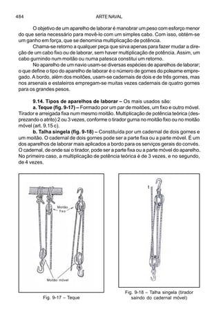 ARTE NAVAL484
O objetivo de um aparelho de laborar é manobrar um peso com esforço menor
do que seria necessário para movê-lo com um simples cabo. Com isso, obtém-se
um ganho em força, que se denomina multiplicação de potência.
Chama-se retorno a qualquer peça que sirva apenas para fazer mudar a dire-
ção de um cabo fixo ou de laborar, sem haver multiplicação de potência. Assim, um
cabo gurnindo num moitão ou numa patesca constitui um retorno.
No aparelho de um navio usam-se diversas espécies de aparelhos de laborar;
o que define o tipo do aparelho de laborar é o número de gornes do poleame empre-
gado. A bordo, além dos moitões, usam-se cadernais de dois e de três gornes, mas
nos arsenais e estaleiros empregam-se muitas vezes cadernais de quatro gornes
para os grandes pesos.
9.14. Tipos de aparelhos de laborar – Os mais usados são:
a. Teque (fig. 9-17) – Formado por um par de moitões, um fixo e outro móvel.
Tirador e arreigada fixa num mesmo moitão. Multiplicação de potência teórica (des-
prezando o atrito) 2 ou 3 vezes, conforme o tirador gurna no moitão fixo ou no moitão
móvel (art. 9.15 c).
b. Talha singela (fig. 9-18) – Constituída por um cadernal de dois gornes e
um moitão. O cadernal de dois gornes pode ser a parte fixa ou a parte móvel. É um
dos aparelhos de laborar mais aplicados a bordo para os serviços gerais do convés.
O cadernal, de onde sai o tirador, pode ser a parte fixa ou a parte móvel do aparelho.
No primeiro caso, a multiplicação de potência teórica é de 3 vezes, e no segundo,
de 4 vezes.
Fig. 9-17 – Teque
Fig. 9-18 – Talha singela (tirador
saindo do cadernal móvel)
t
Moitão
fixo
Moitão móvel
 