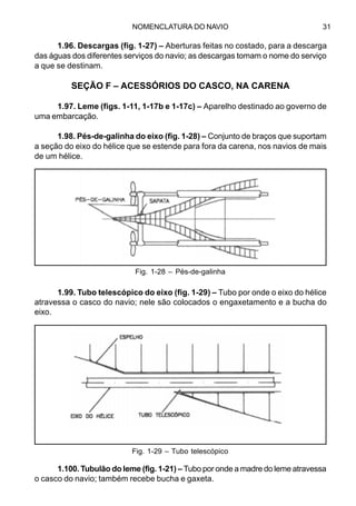 NOMENCLATURA DO NAVIO 31
1.96. Descargas (fig. 1-27) – Aberturas feitas no costado, para a descarga
das águas dos diferentes serviços do navio; as descargas tomam o nome do serviço
a que se destinam.
SEÇÃO F – ACESSÓRIOS DO CASCO, NA CARENA
1.97. Leme (figs. 1-11, 1-17b e 1-17c) – Aparelho destinado ao governo de
uma embarcação.
1.98. Pés-de-galinha do eixo (fig. 1-28) – Conjunto de braços que suportam
a seção do eixo do hélice que se estende para fora da carena, nos navios de mais
de um hélice.
1.99. Tubo telescópico do eixo (fig. 1-29) – Tubo por onde o eixo do hélice
atravessa o casco do navio; nele são colocados o engaxetamento e a bucha do
eixo.
1.100. Tubulão do leme (fig. 1-21) – Tubo por onde a madre do leme atravessa
o casco do navio; também recebe bucha e gaxeta.
Fig. 1-29 – Tubo telescópico
Fig. 1-28 – Pés-de-galinha
 