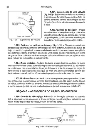 ARTE NAVAL32
1.101. Suplemento de uma válvula
(fig. 1-30) – Seção tubular de forma troncônica
e geralmente fundida; liga o orifício feito na
carena para uma válvula de aspiração do mar
(kingston) à própria válvula e serve de suporte
a esta.
1.102. Quilhas de docagem – Peças
semelhantes a uma quilha maciça, colocadas
lateralmente no fundo da carena dos navios
de grande porte; contribuem com a quilha para
suportar o navio nas docagens (art. 6.23).
1.103. Bolinas, ou quilhas de balanço (fig. 1-16) – Chapas ou estruturas
colocadas perpendicularmente em relação ao forro exterior, na altura da curva do
bojo, no sentido longitudinal, uma em cada bordo, servindo para amortecer a amplitude
dos balanços. Bolina é também o nome de uma chapa plana e resistente, em forma
de grande faca, colocada verticalmente por baixo da quilha das embarcação de vela,
para reduzir as inclinações e o abatimento.
1.104. Zinco protetor – Pedaço de chapa grossa de zinco, cortado na forma
mais conveniente e preso por meio de parafuso ou estojo na carena, ou no interior
de um tanque, nas proximidades de peças de bronze, a fim de proteger as peças de
ferro contra a ação galvânica da água do mar. Os zincos protetores devem ser
laminados e nunca fundidos. Chamados impropriamente isoladores de zinco.
1.105. Buchas – Peças de metal, borracha ou pau de peso, que se introduzem
nosorifíciosquerecebemeixos,servindodemancalparaeles. Há, assim, buchadoeixo
do hélice, bucha da madre do leme etc. Nos tubos telescópicos longos há duas buchas,
a bucha externa, junto à carena, e a bucha interna, junto à antepara de colisão AR.
SEÇÃO G – ACESSÓRIOS DO CASCO, NO COSTADO
1.106. Guarda do hélice (figs. 1-9 e 1-31 ) – Armação colocada no costado
AR, e algumas vezes na carena, a fim de proteger, nas atracações, os hélices que
ficam muito disparados do casco, de um e de outro bordo.
Fig. 1-30 – Suplemento da válvula
Fig. 1-31 – Vista da popa
 