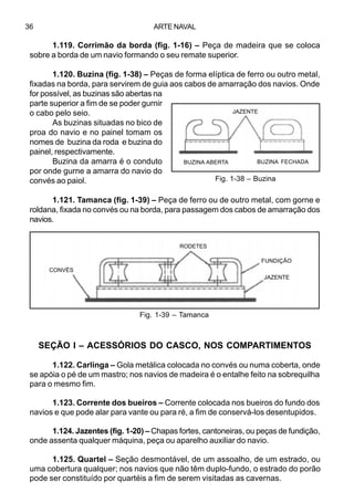 ARTE NAVAL36
1.119. Corrimão da borda (fig. 1-16) – Peça de madeira que se coloca
sobre a borda de um navio formando o seu remate superior.
1.120. Buzina (fig. 1-38) – Peças de forma elíptica de ferro ou outro metal,
fixadas na borda, para servirem de guia aos cabos de amarração dos navios. Onde
for possível, as buzinas são abertas na
parte superior a fim de se poder gurnir
o cabo pelo seio.
As buzinas situadas no bico de
proa do navio e no painel tomam os
nomes de buzina da roda e buzina do
painel, respectivamente.
Buzina da amarra é o conduto
por onde gurne a amarra do navio do
convés ao paiol.
1.121. Tamanca (fig. 1-39) – Peça de ferro ou de outro metal, com gorne e
roldana, fixada no convés ou na borda, para passagem dos cabos de amarração dos
navios.
SEÇÃO I – ACESSÓRIOS DO CASCO, NOS COMPARTIMENTOS
1.122. Carlinga – Gola metálica colocada no convés ou numa coberta, onde
se apóia o pé de um mastro; nos navios de madeira é o entalhe feito na sobrequilha
para o mesmo fim.
1.123. Corrente dos bueiros – Corrente colocada nos bueiros do fundo dos
navios e que pode alar para vante ou para ré, a fim de conservá-los desentupidos.
1.124. Jazentes (fig. 1-20) – Chapas fortes, cantoneiras, ou peças de fundição,
onde assenta qualquer máquina, peça ou aparelho auxiliar do navio.
1.125. Quartel – Seção desmontável, de um assoalho, de um estrado, ou
uma cobertura qualquer; nos navios que não têm duplo-fundo, o estrado do porão
pode ser constituído por quartéis a fim de serem visitadas as cavernas.
Fig. 1-39 – Tamanca
Fig. 1-38 – Buzina
JAZENTE
BUZINA ABERTA BUZINA FECHADA
RODETES
FUNDIÇÃO
JAZENTE
CONVÉS
 