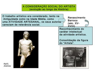 A CONSIDERAÇÃO SOCIAL DO ARTISTA
(evolução ao longo da História)
O trabalho artístico era considerado, tanto na
Antiguidade como na Idade Média, como
uma ATIVIDADE ARTESANAL, os seus autores
careciam de relevância social.
Reconhecimento do
caráter intelectual
da atividade artística.
Consolidação da figura
do “Artista”.
Renascimento
Barroco
(séc. XV-
XVIII)
Apolo,
Anónimo
 